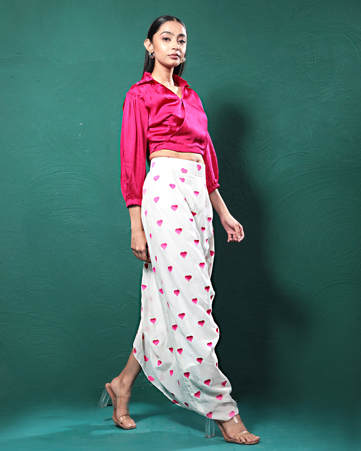 Gentle Pink Pure Hearts Printed Crop Top & Skirt