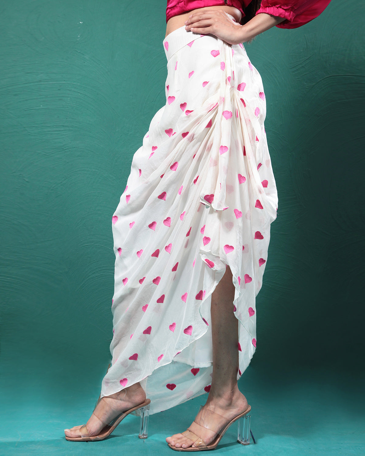 Gentle Pink Pure Hearts Printed Crop Top & Skirt