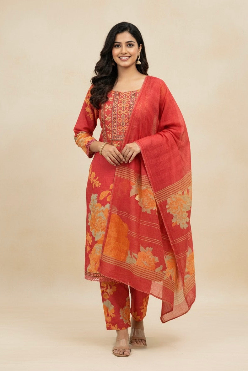 Brick Red Floral Printed Linen Pant Set