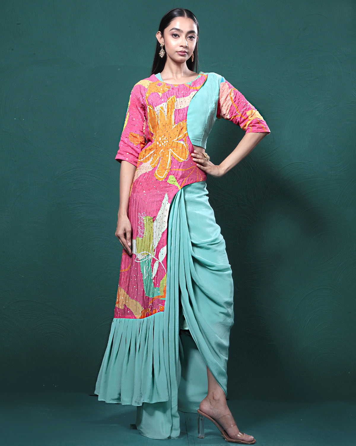 Pink Mint Floral Draped Skirt Dress