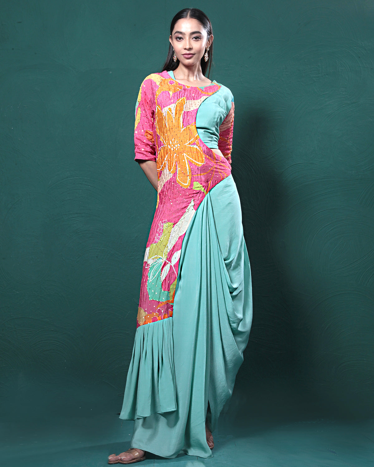 Pink Mint Floral Draped Skirt Dress