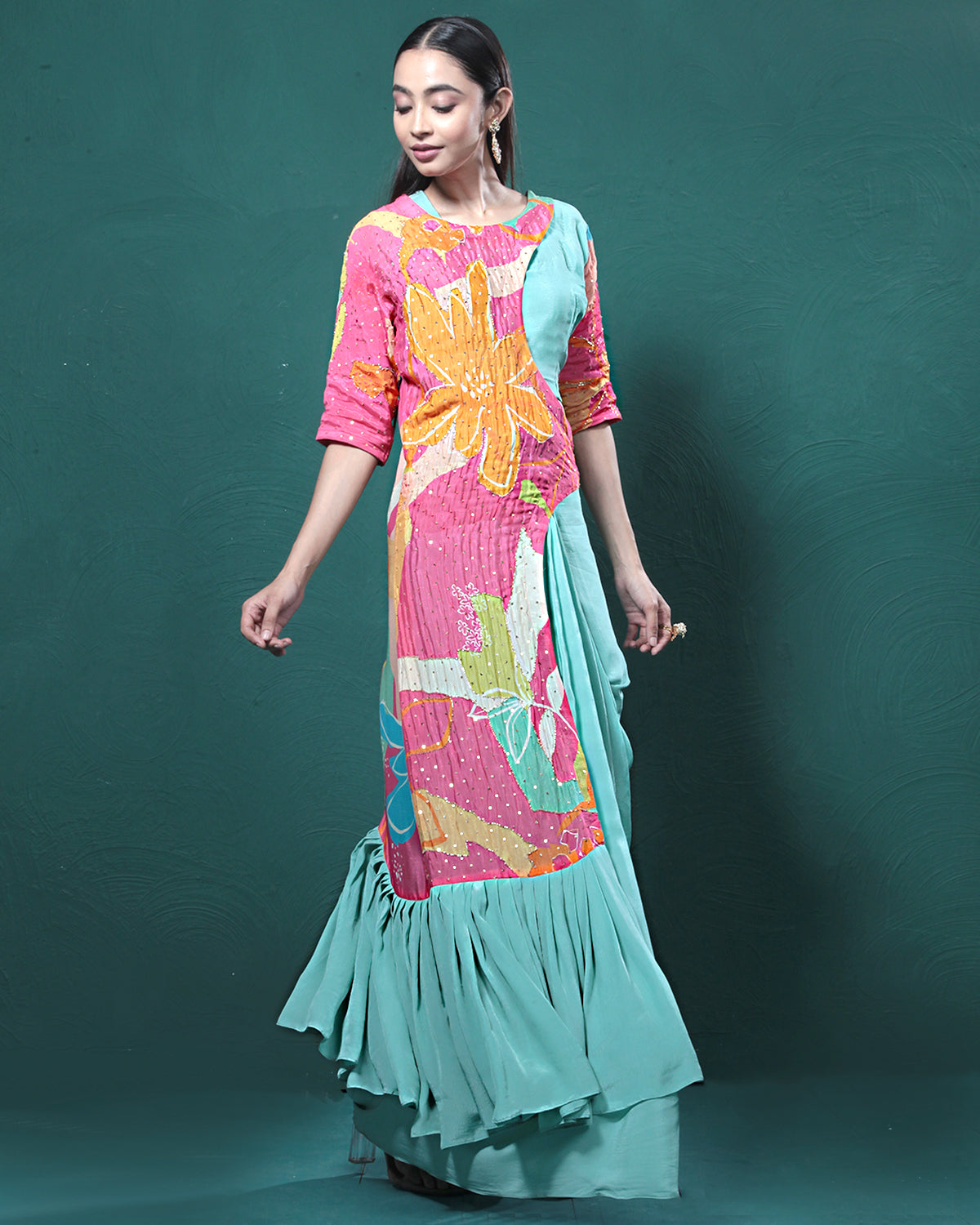 Pink Mint Floral Draped Skirt Dress