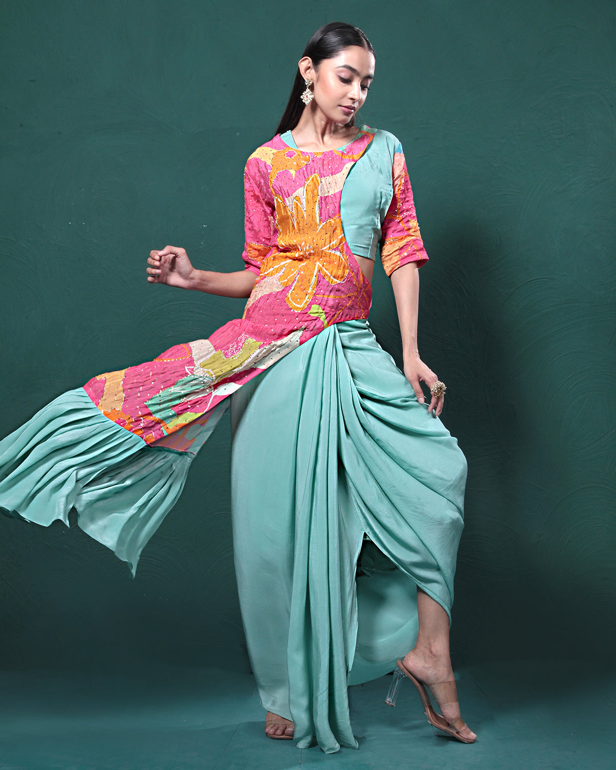 Pink Mint Floral Draped Skirt Dress