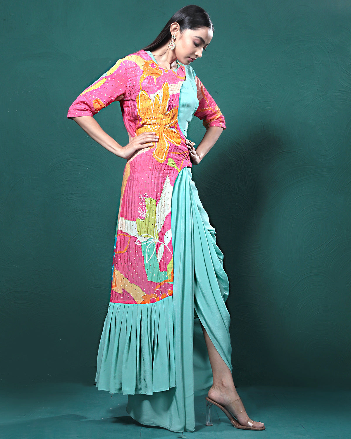 Pink Mint Floral Draped Skirt Dress