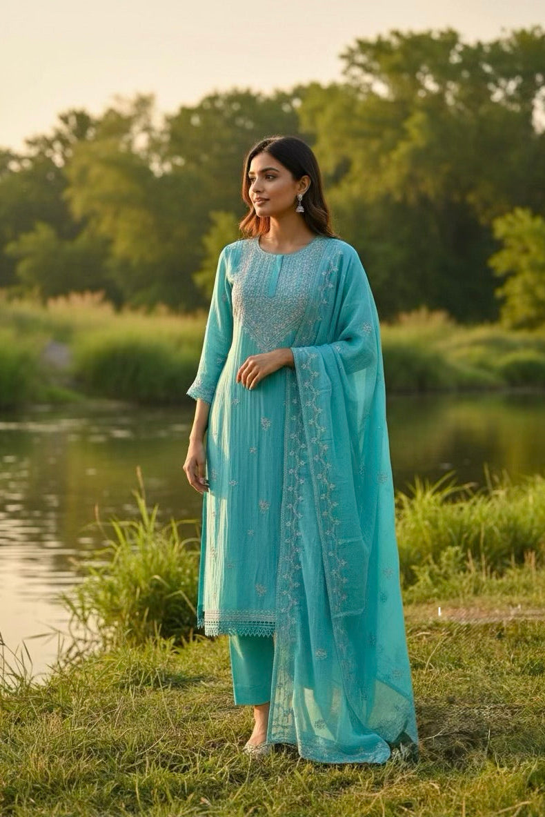 Aqua Blue Embroidered Mul Chanderi Silk Pant Set
