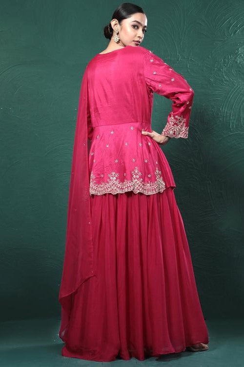 Fuchsia Pink Embroidered Peplum Kurta Skirt Set