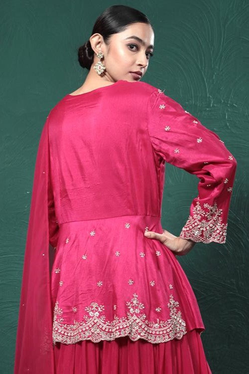 Fuchsia Pink Embroidered Peplum Kurta Skirt Set