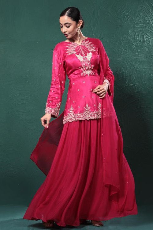 Fuchsia Pink Embroidered Peplum Kurta Skirt Set L / Chinon Silk / Made to Order in 20-25 Days - By Pratap Sons Fuchsia Pink Embroidered Peplum Kurta Skirt Set L / Chinon Silk / Made to Order in 20-25 Days - By Pratap Sons