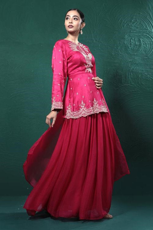 Fuchsia Pink Embroidered Peplum Kurta Skirt Set