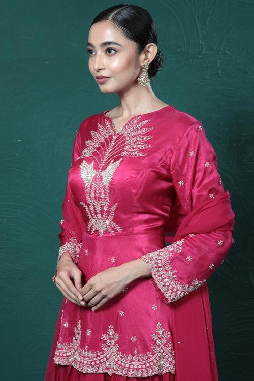 Fuchsia Pink Embroidered Peplum Kurta Skirt Set