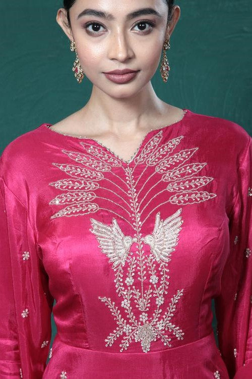 Fuchsia Pink Embroidered Peplum Kurta Skirt Set