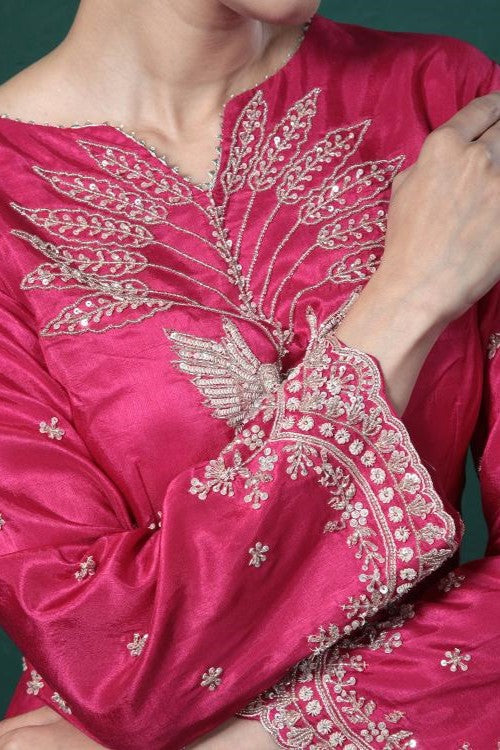 Fuchsia Pink Embroidered Peplum Kurta Skirt Set