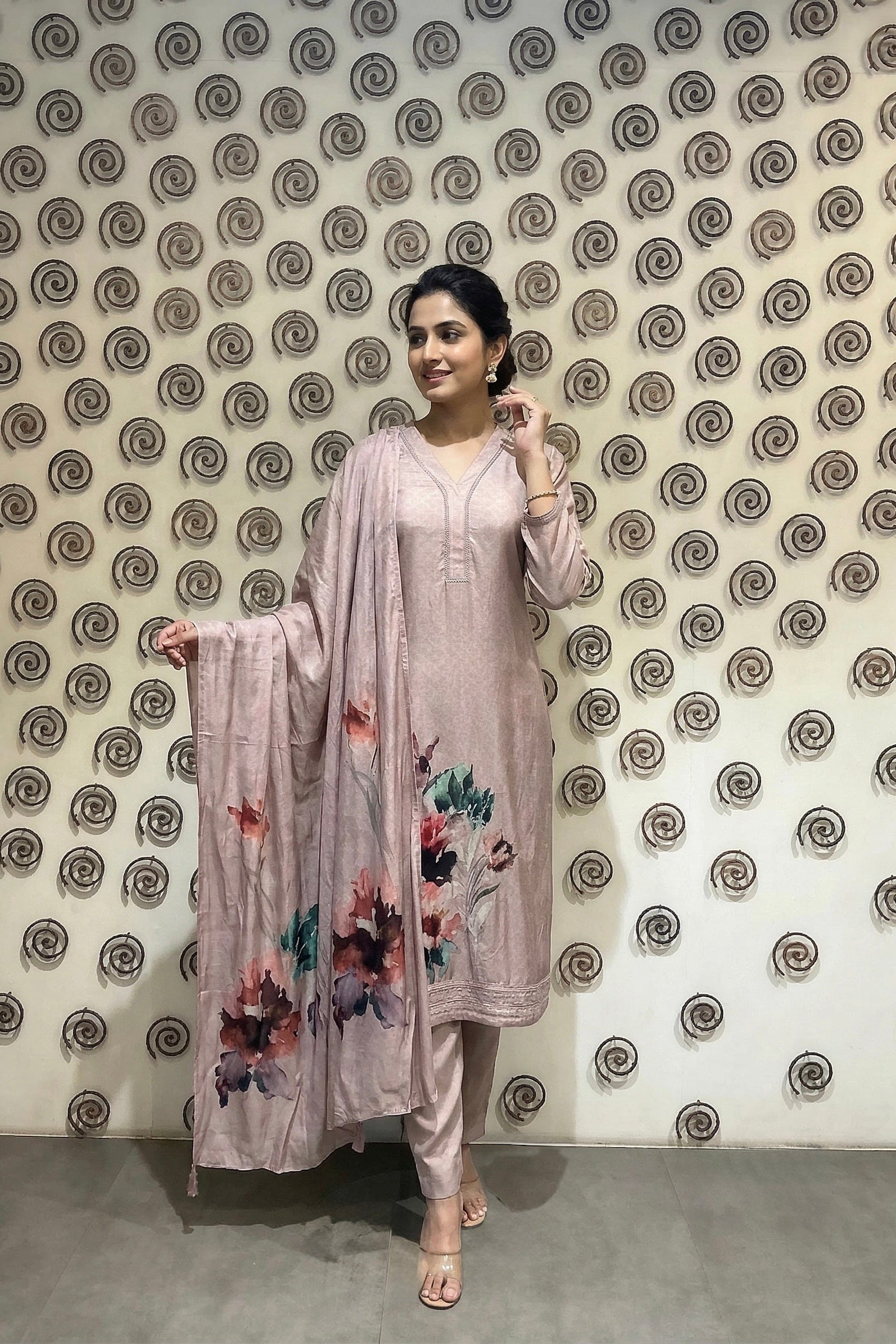 Onion Pink Floral Printed Muslin Silk Pant Set