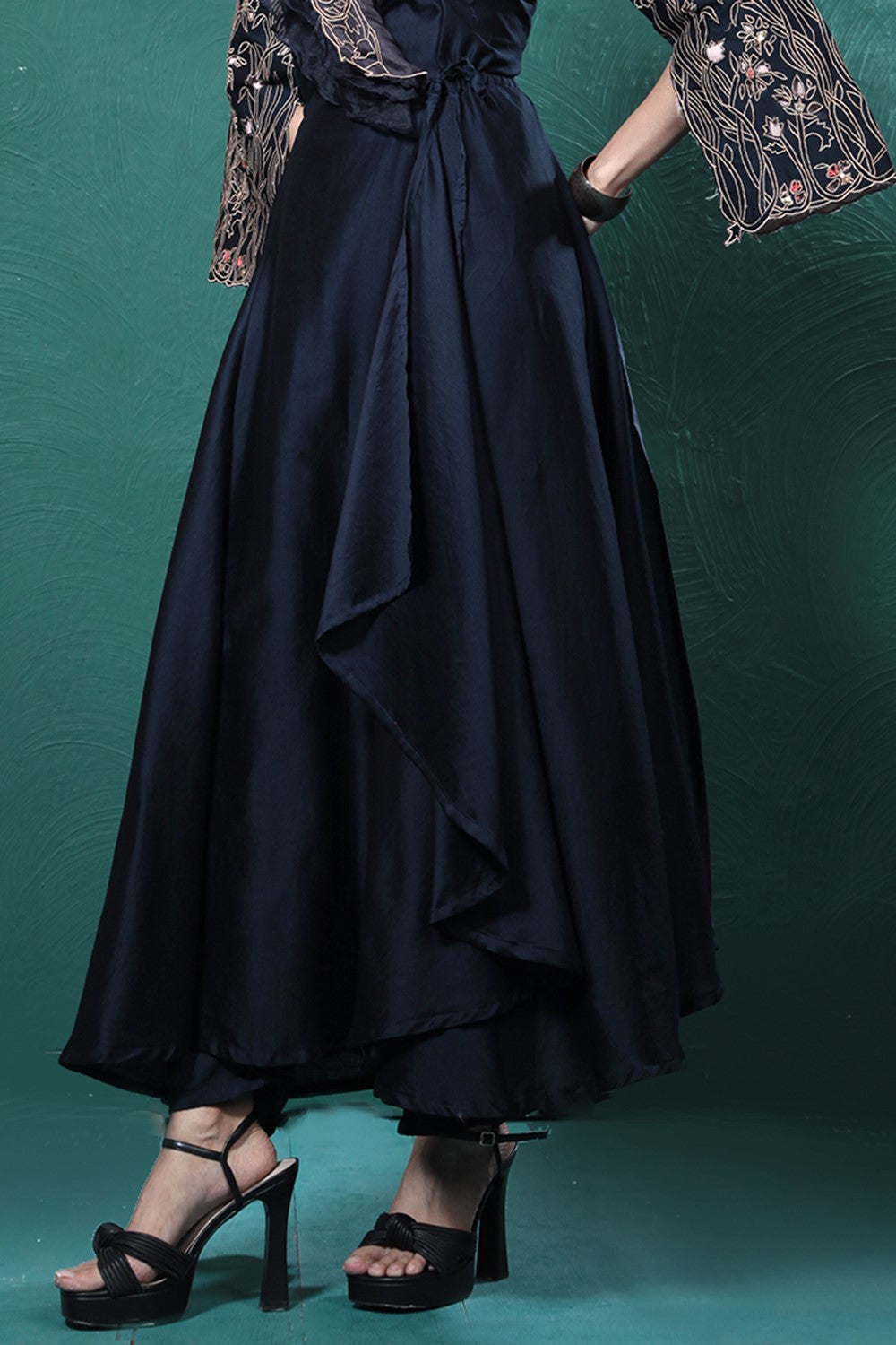 Midnight Blue Embroidered Wrap Dress