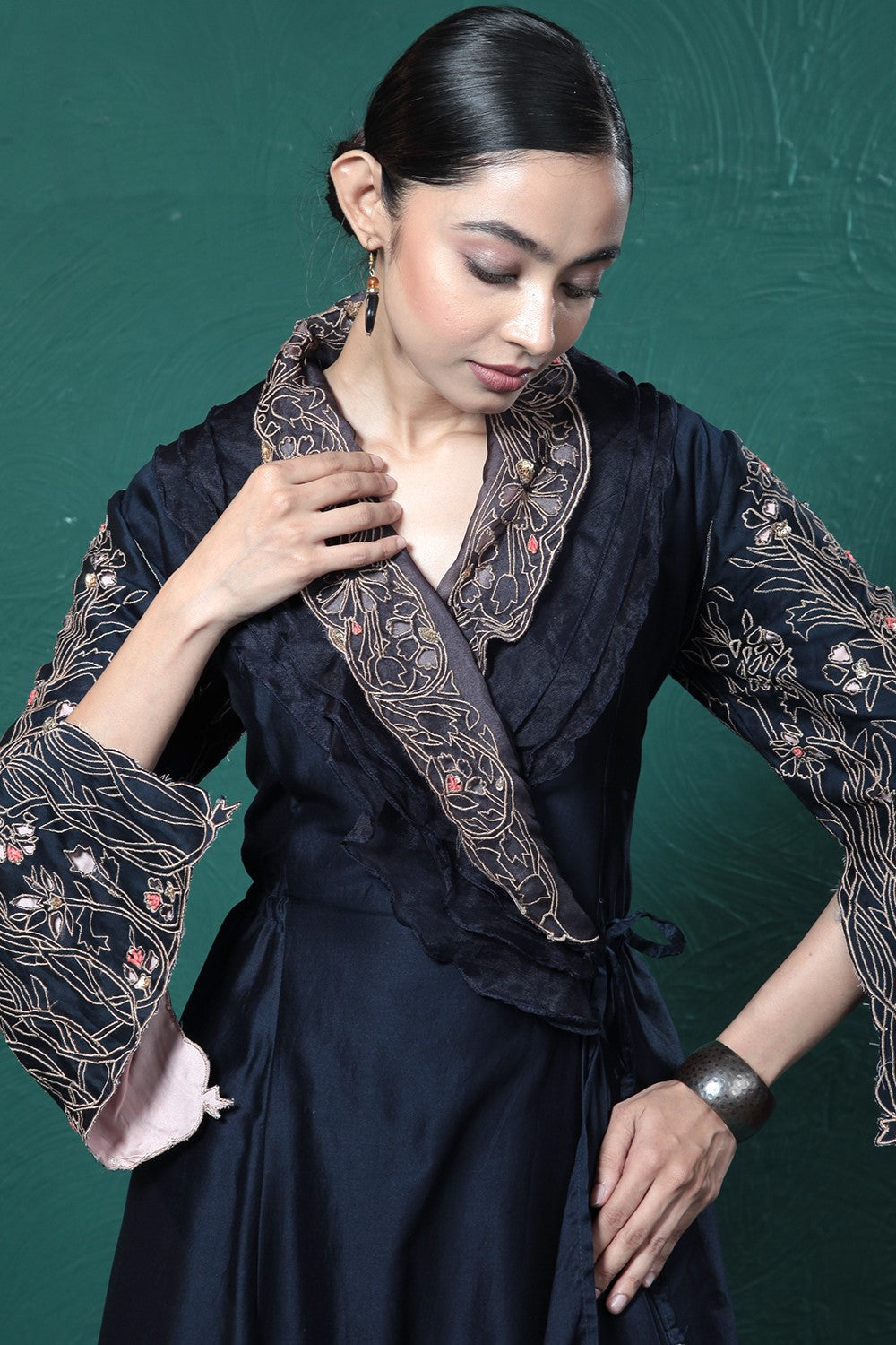 Midnight Blue Embroidered Wrap Dress