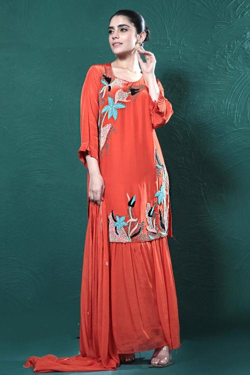 Orange Embroidered Crepe Silk Sharara Set