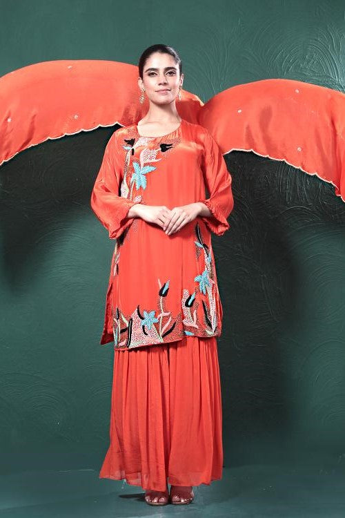 Orange Embroidered Crepe Silk Sharara Set