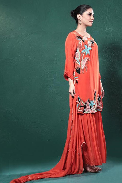 Orange Embroidered Crepe Silk Sharara Set