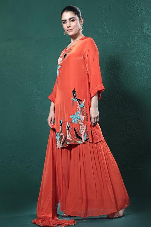 Orange Embroidered Crepe Silk Sharara Set