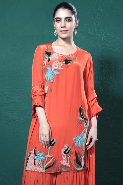 Orange Embroidered Crepe Silk Sharara Set