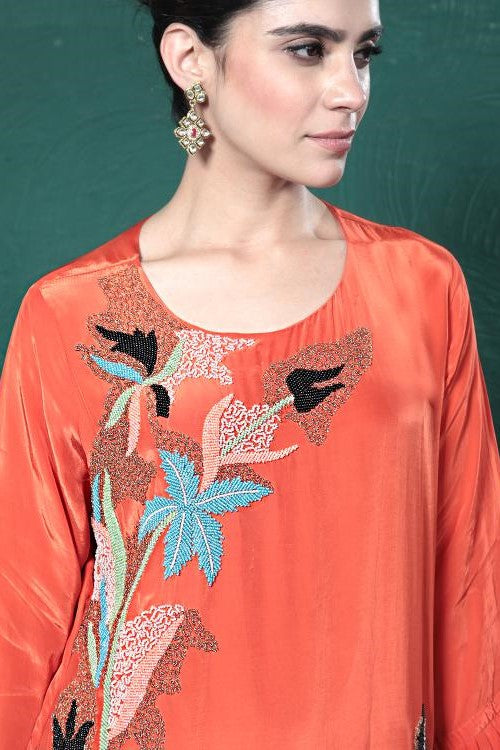 Orange Embroidered Crepe Silk Sharara Set