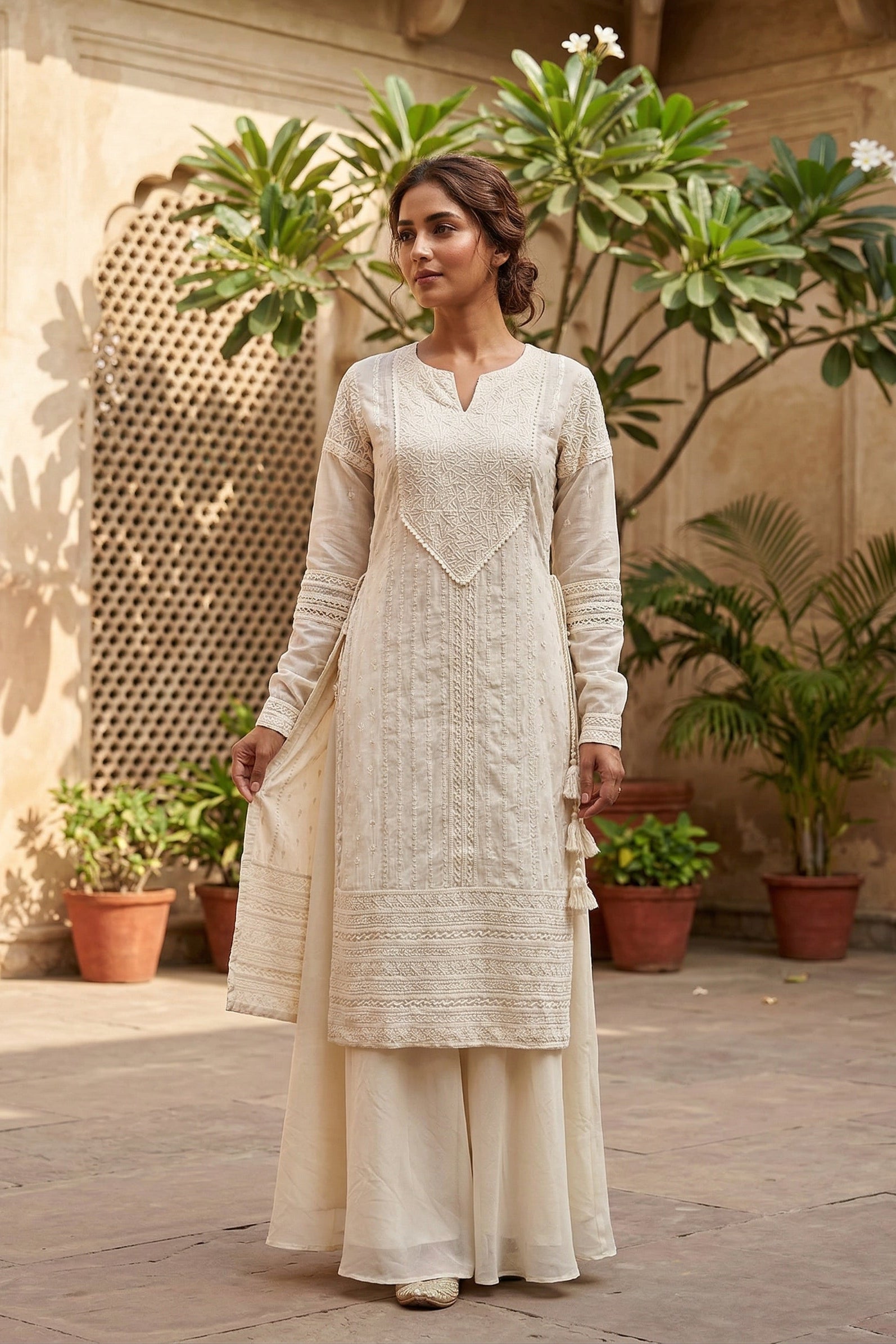 Off-White Embroidered Chanderi Silk Palazzo Set