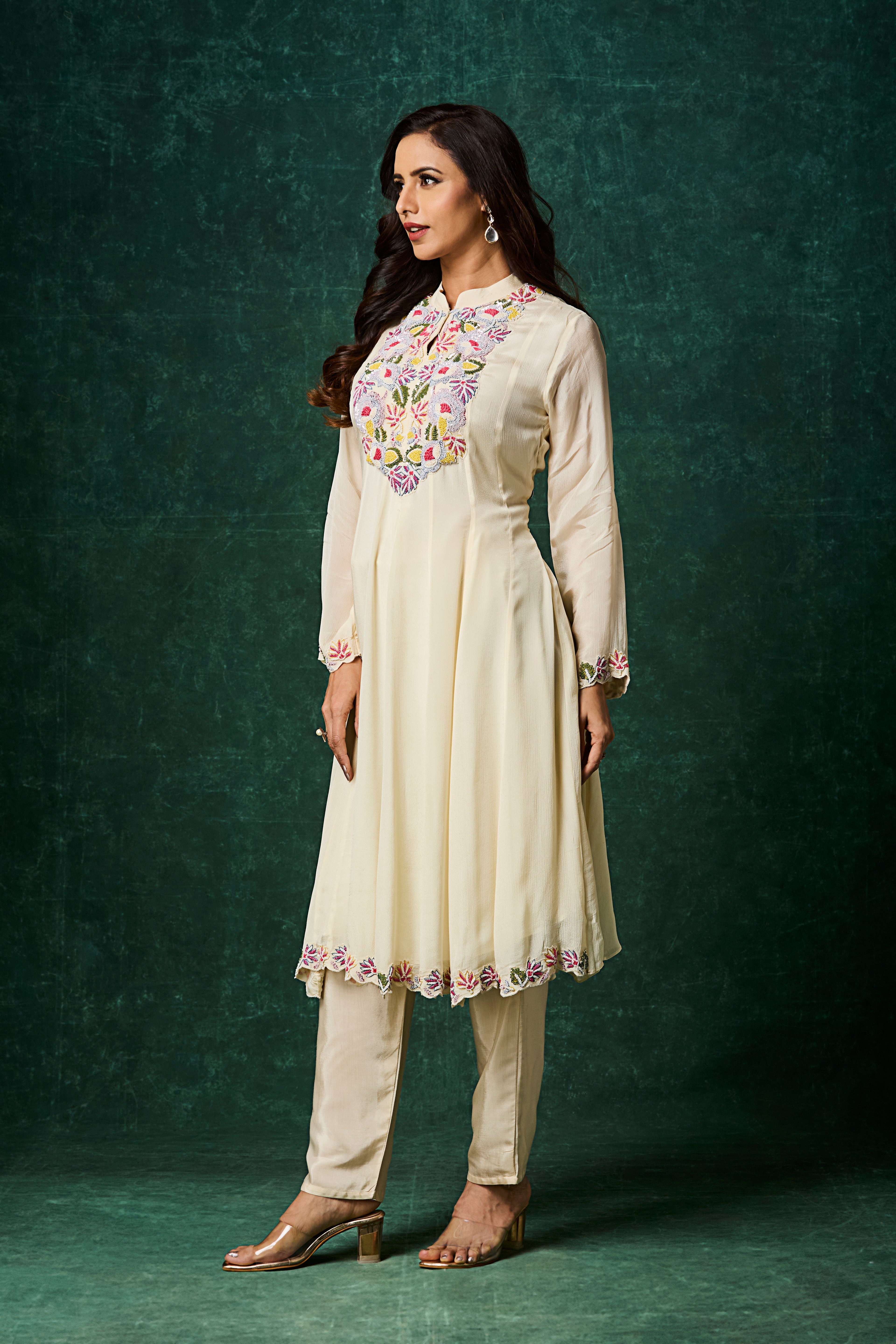 Ivory Embellished Chinon Silk Anarkali Set