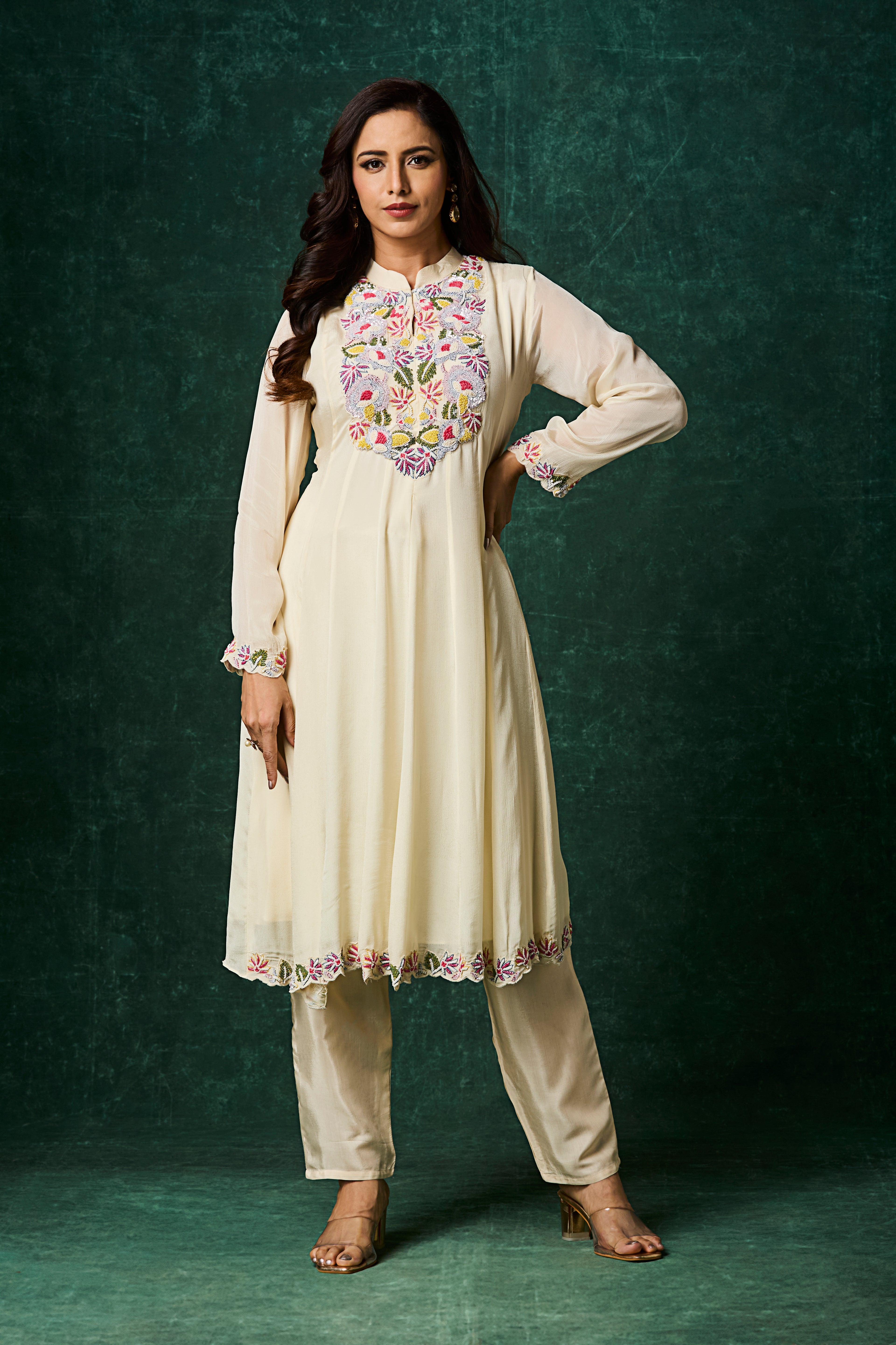 Ivory Embellished Chinon Silk Anarkali Set