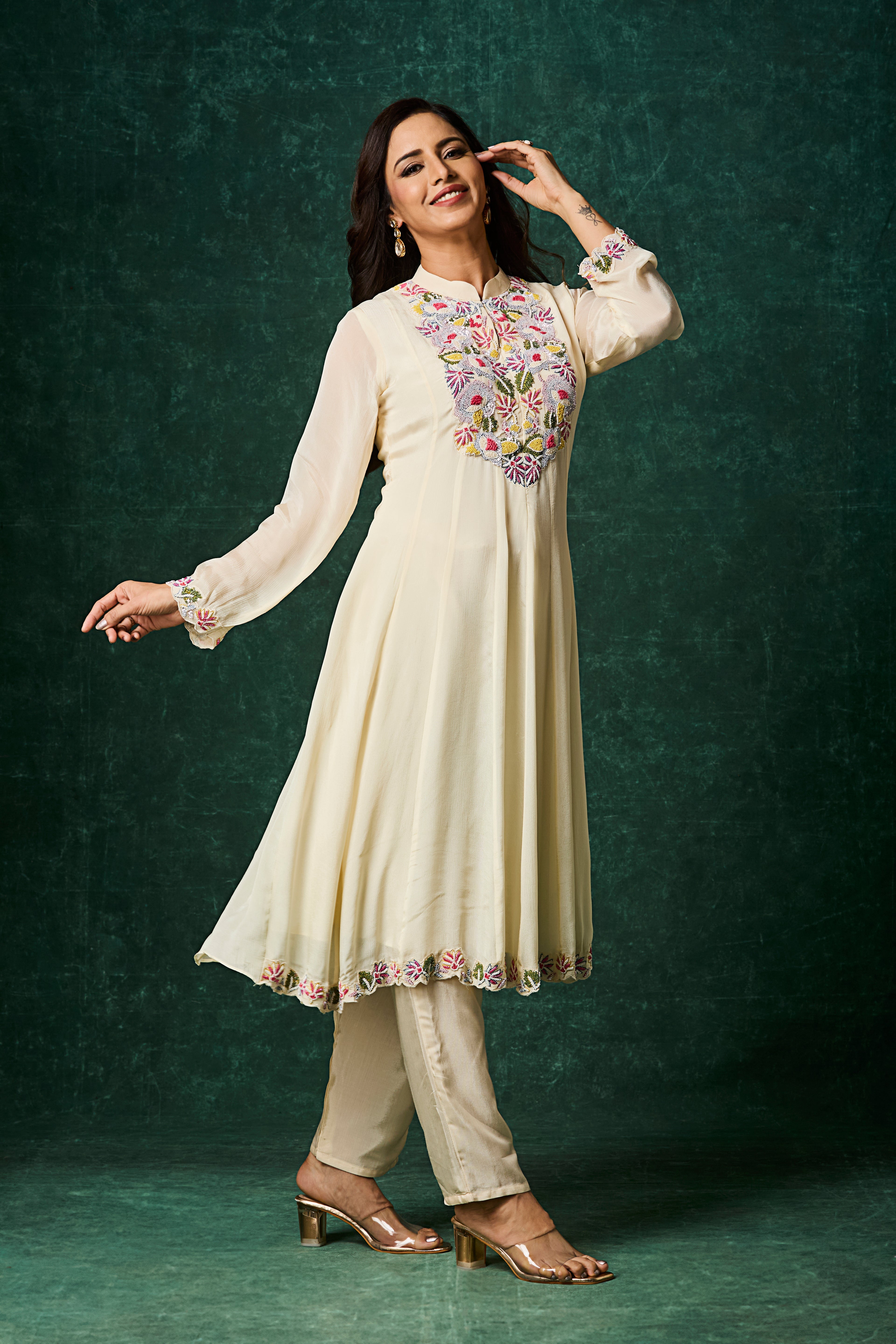 Ivory Embellished Chinon Silk Anarkali Set