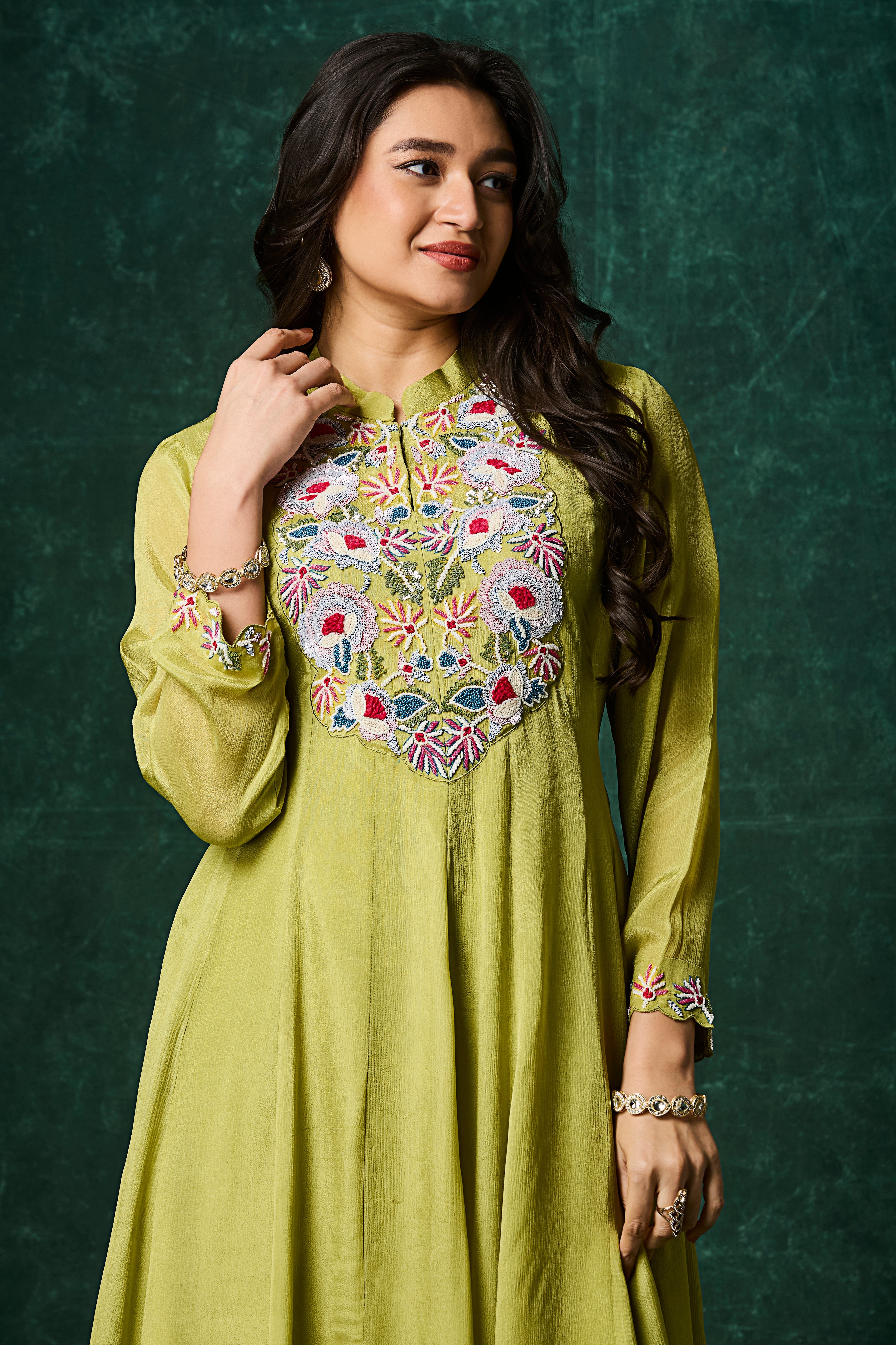 Green Embellished Chinon Silk Anarkali Set