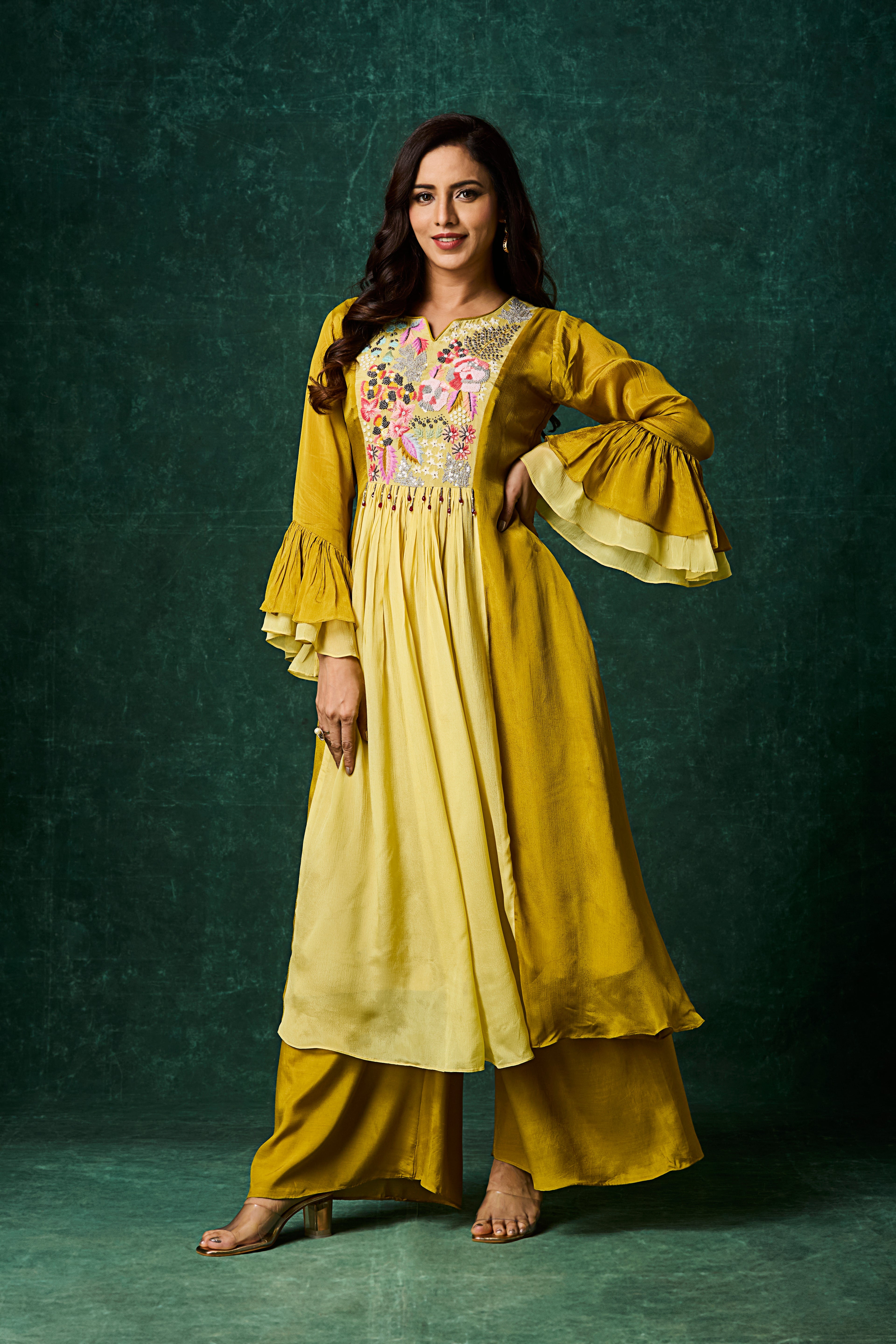 Ochre Yellow Embellished Chinon Silk Palazzo Set