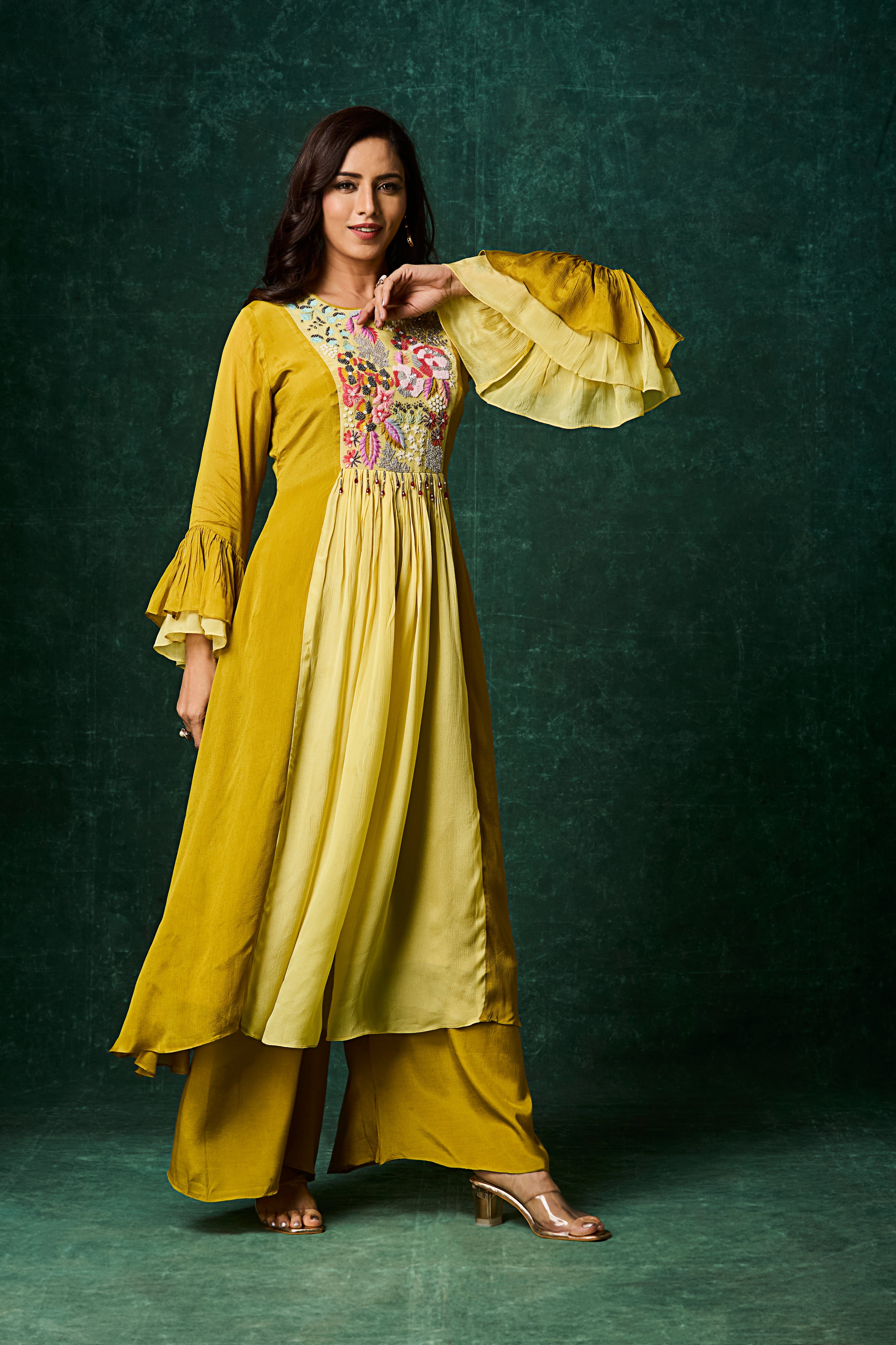 Ochre Yellow Embellished Chinon Silk Palazzo Set