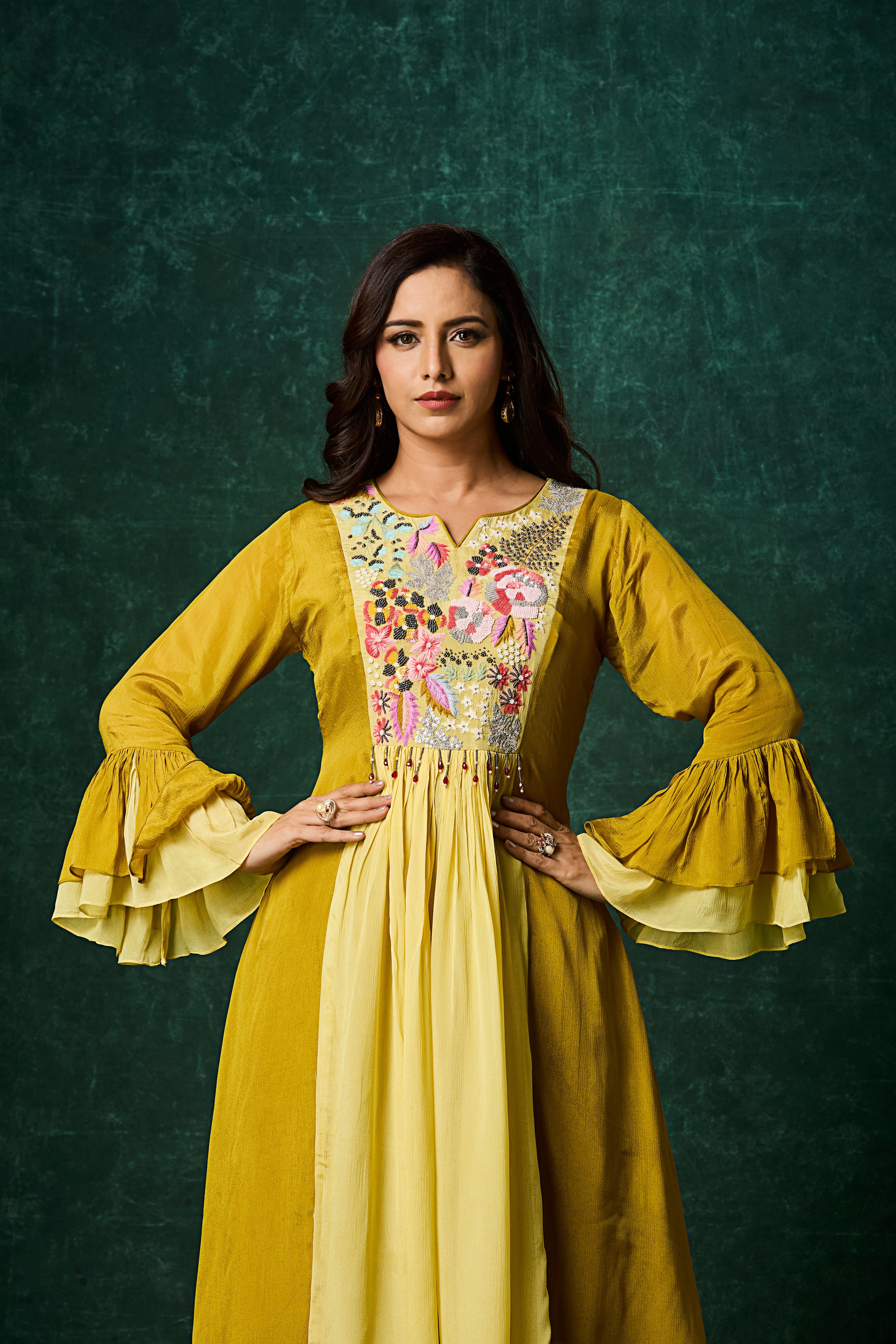 Ochre Yellow Embellished Chinon Silk Palazzo Set