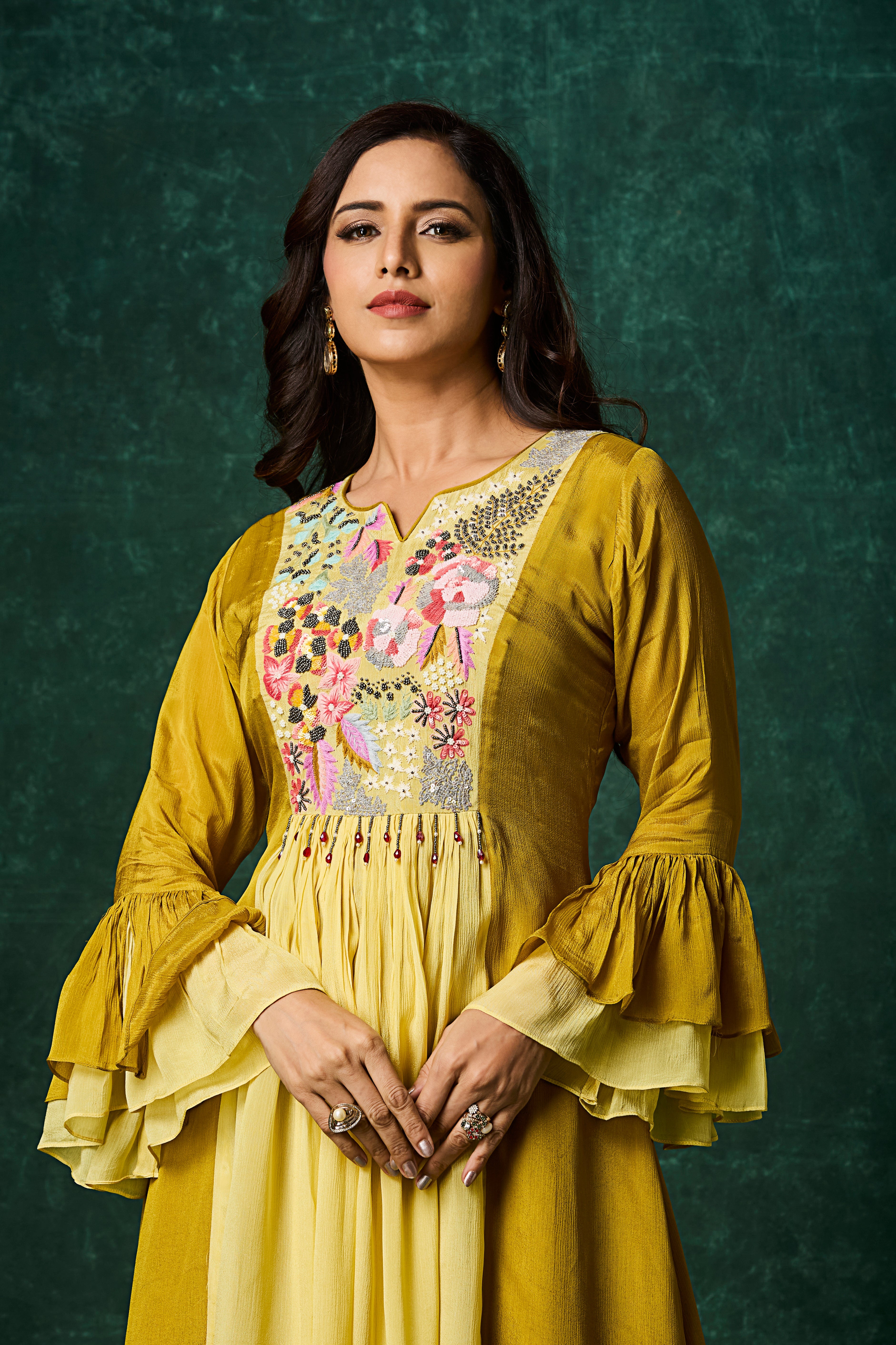 Ochre Yellow Embellished Chinon Silk Palazzo Set