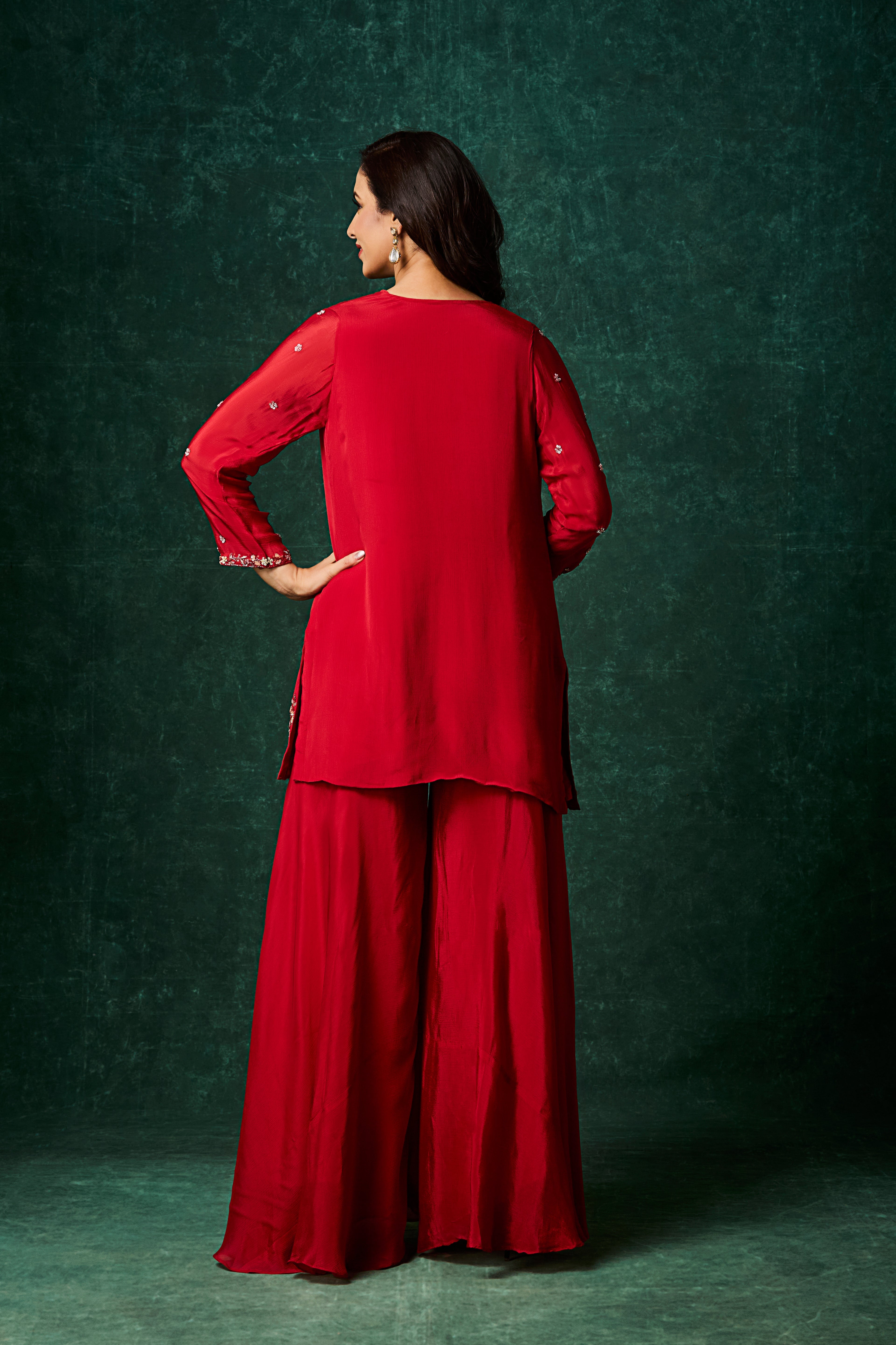 Vibrant Red Embellished Chinon Silk Palazzo Set