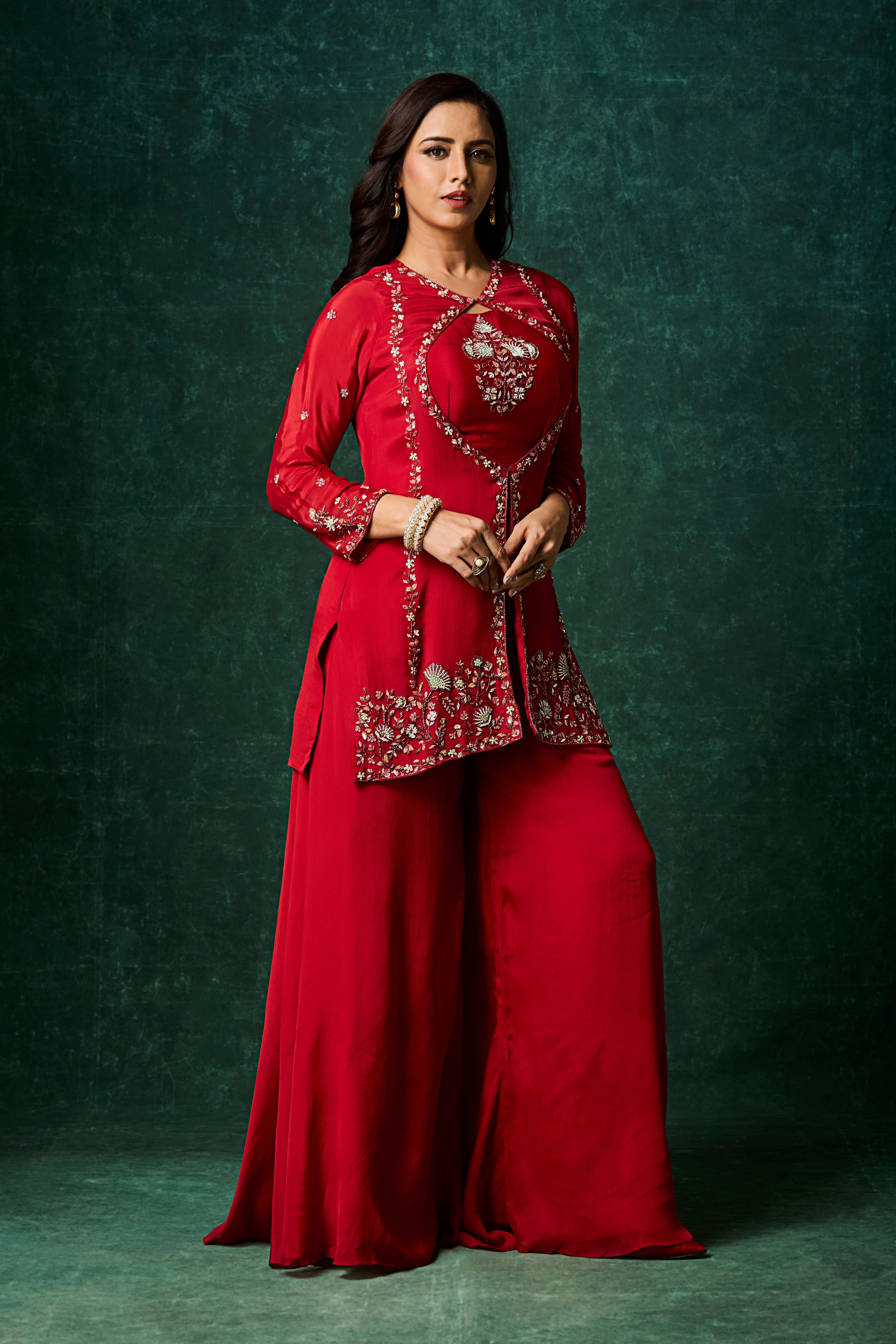 Vibrant Red Embellished Chinon Silk Palazzo Set