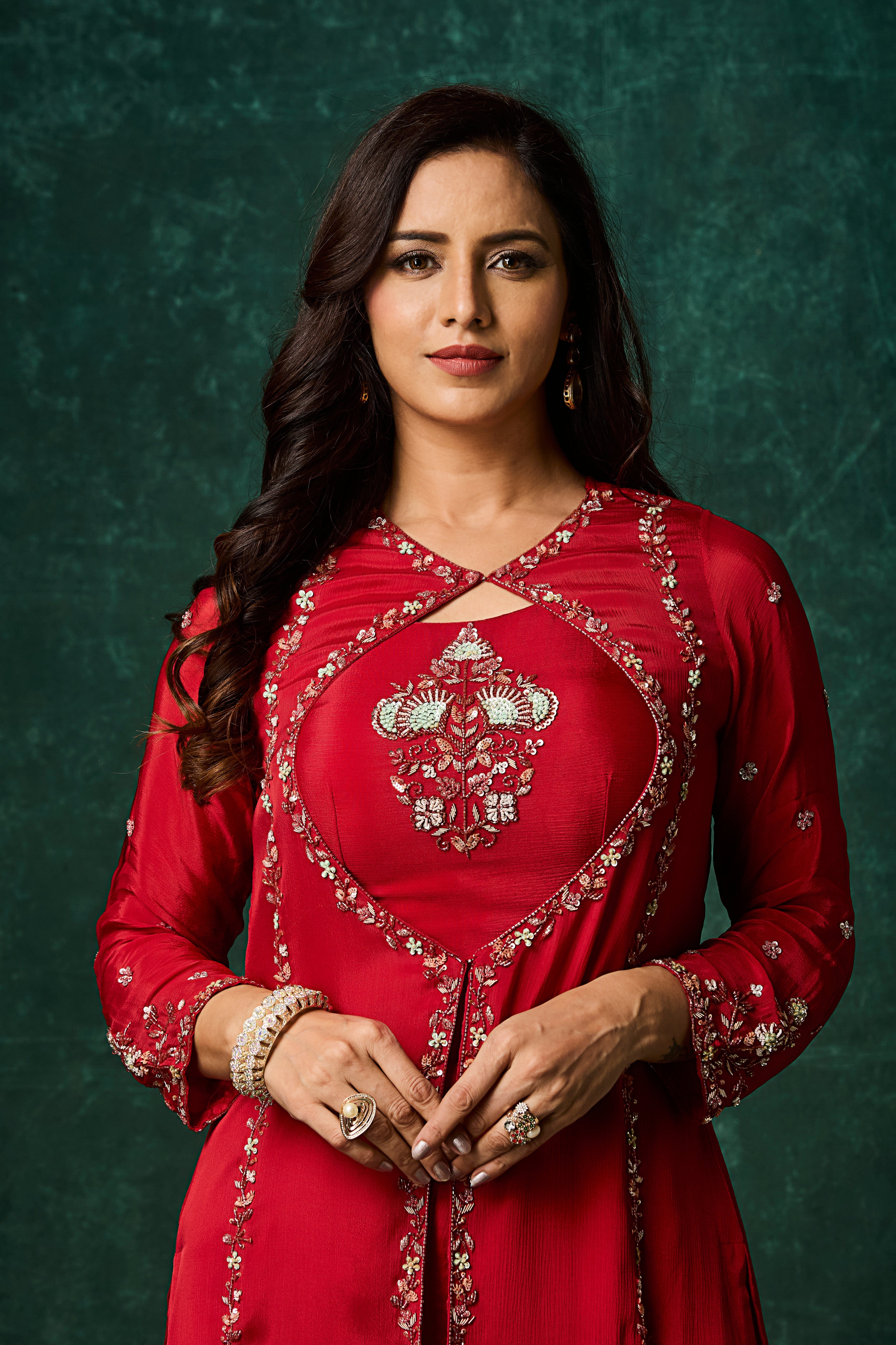 Vibrant Red Embellished Chinon Silk Palazzo Set