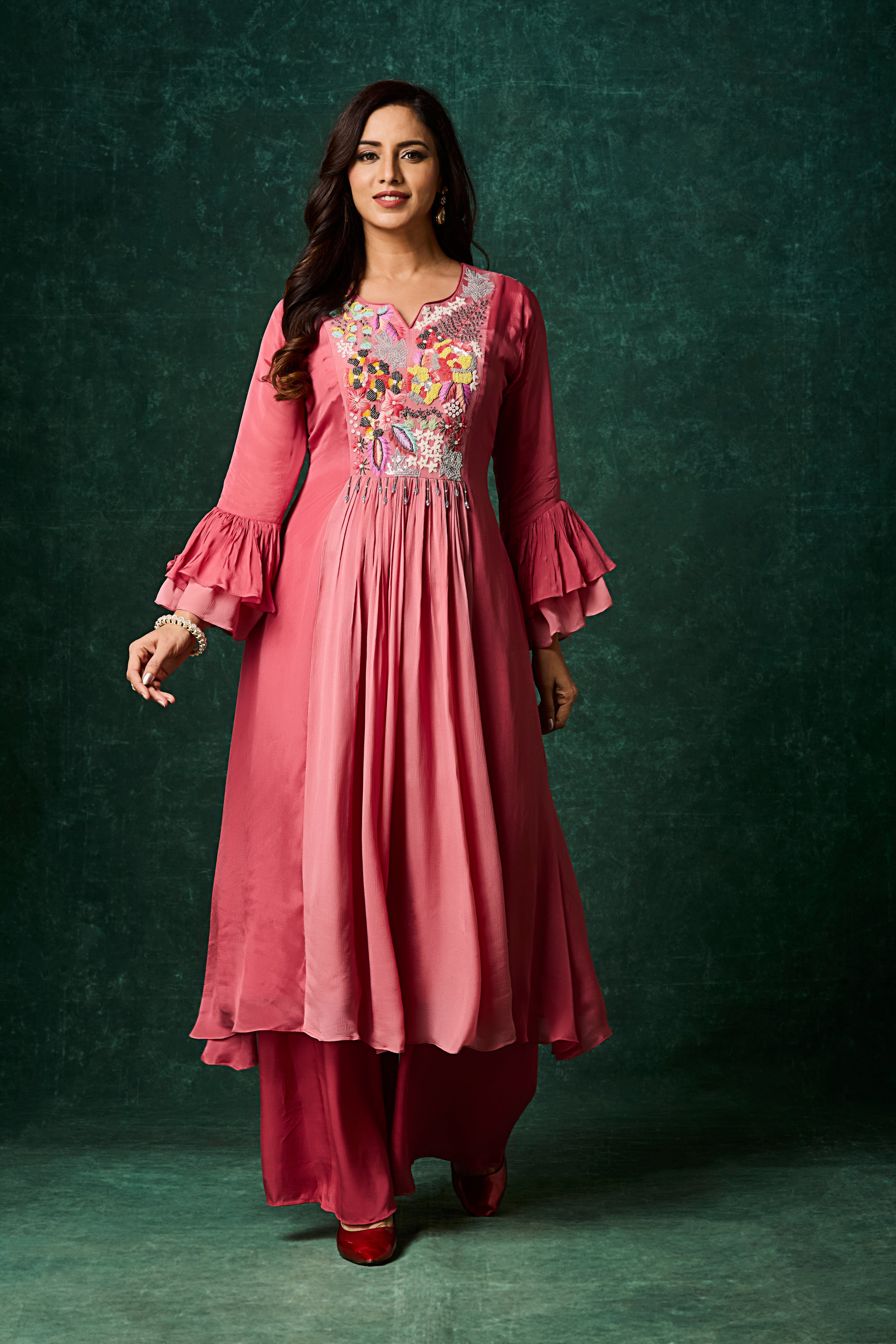 Rosewood Pink Embellished Chinon Silk Palazzo Set