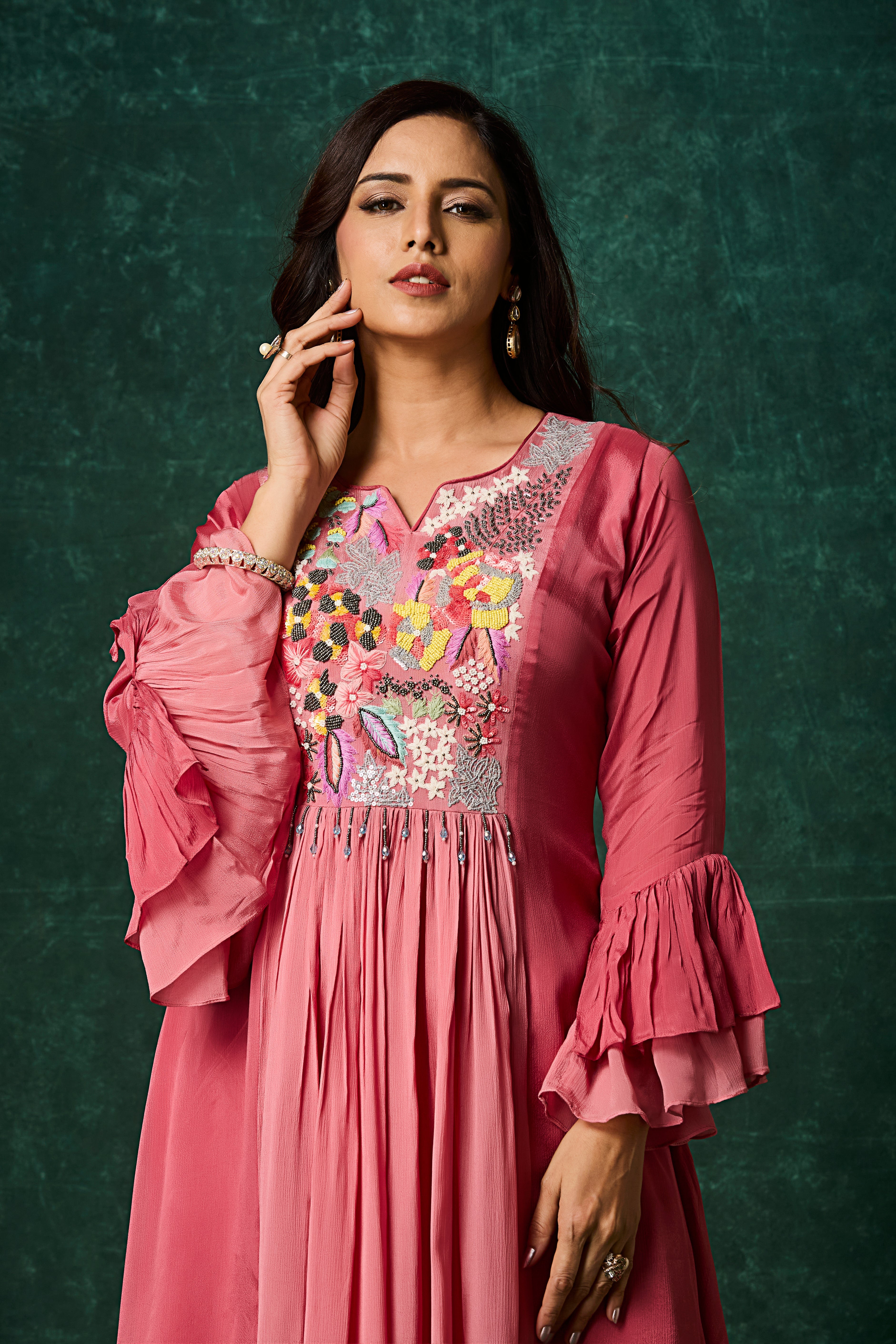 Rosewood Pink Embellished Chinon Silk Palazzo Set