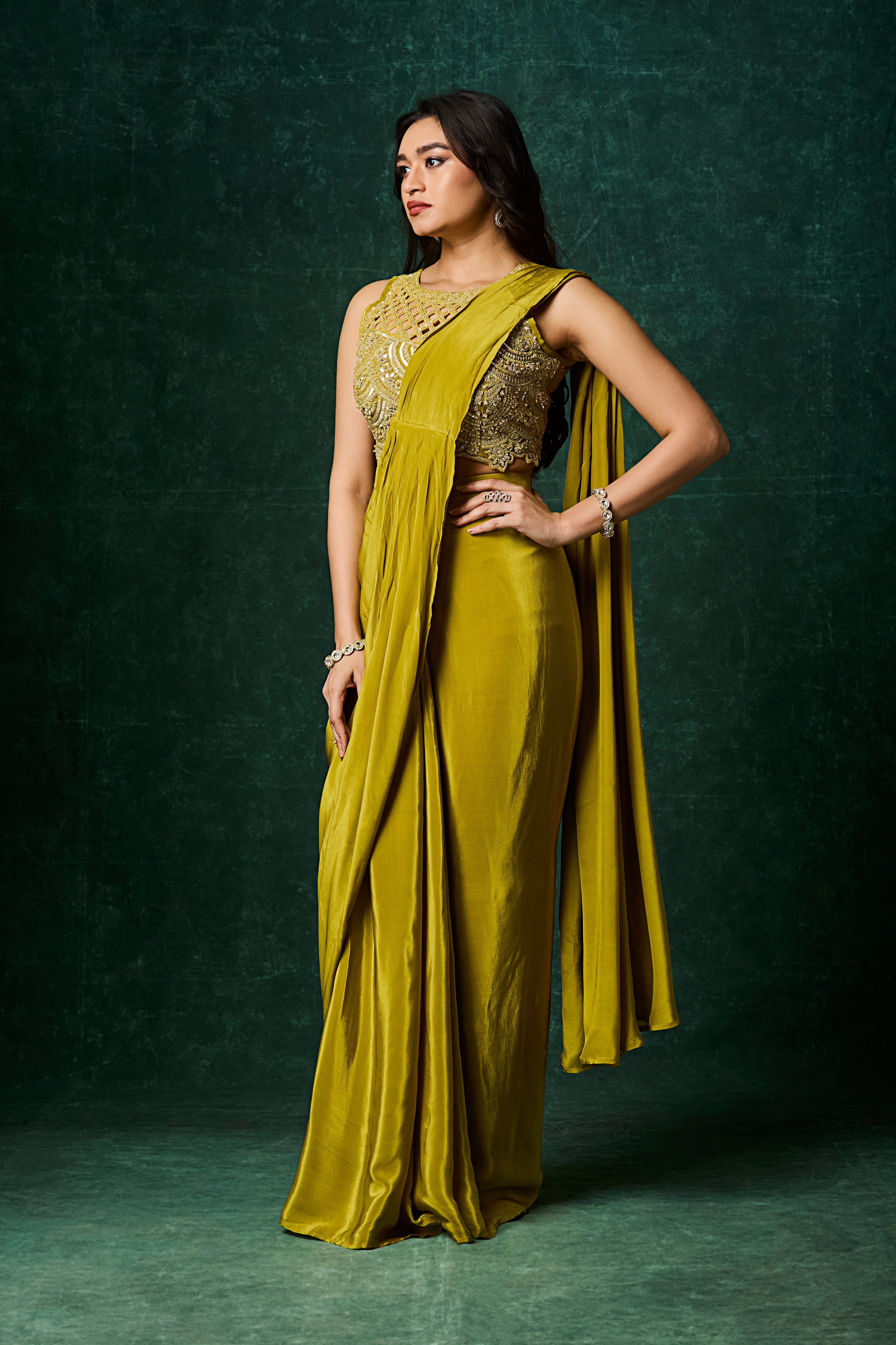 Chartreuse Green Embellished Crepe Silk Drape Saree