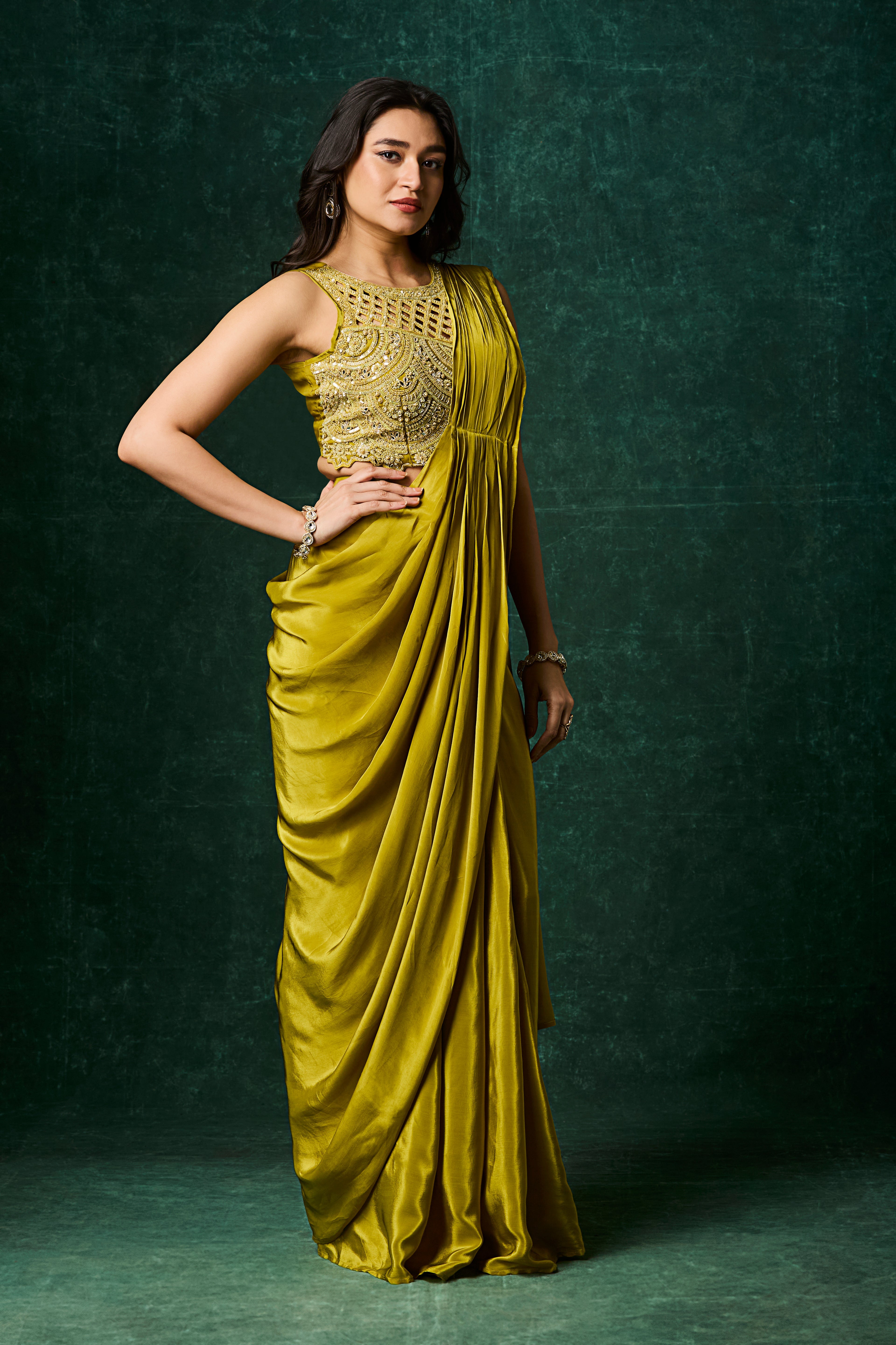 Chartreuse Green Embellished Crepe Silk Drape Saree