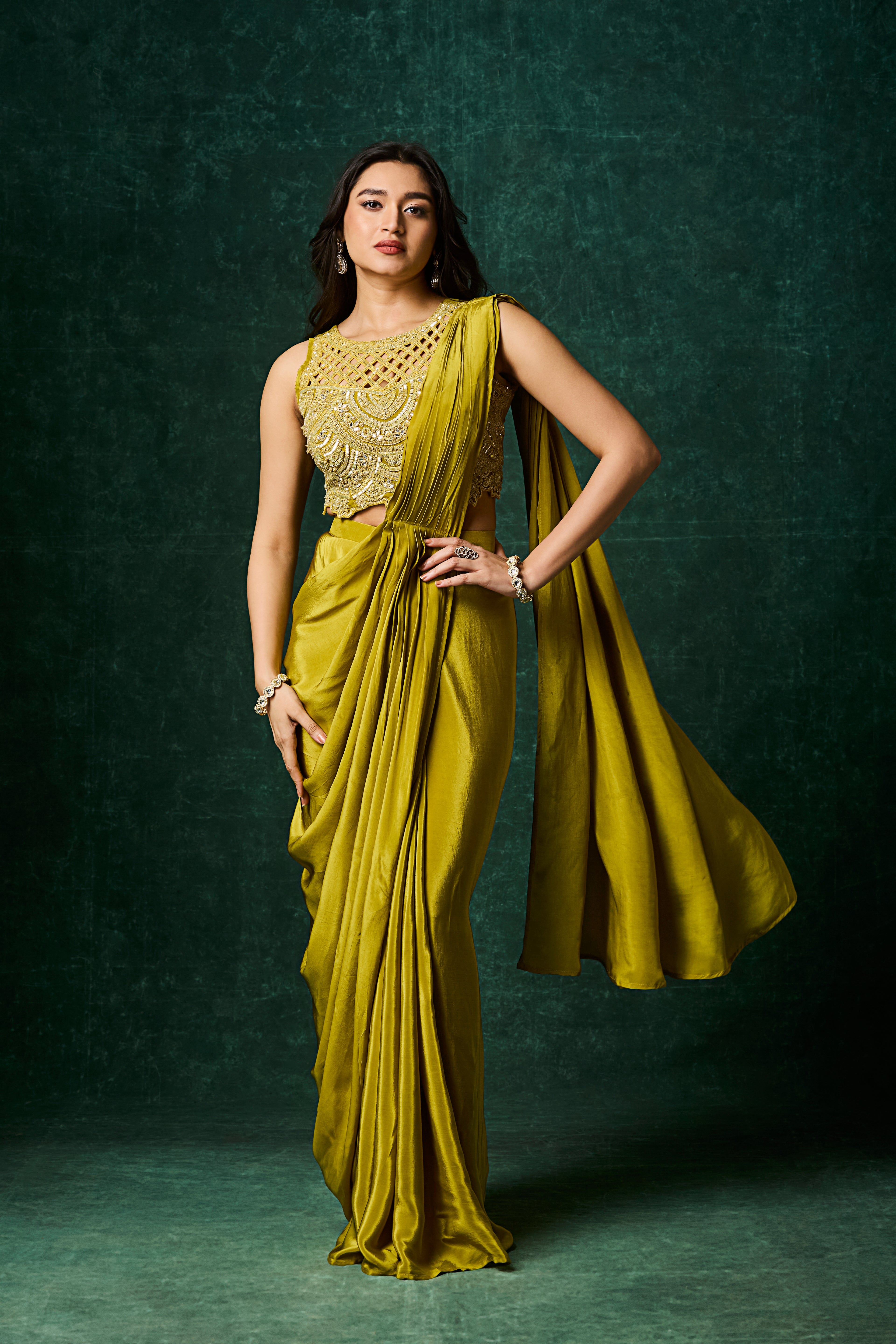 Chartreuse Green Embellished Crepe Silk Drape Saree