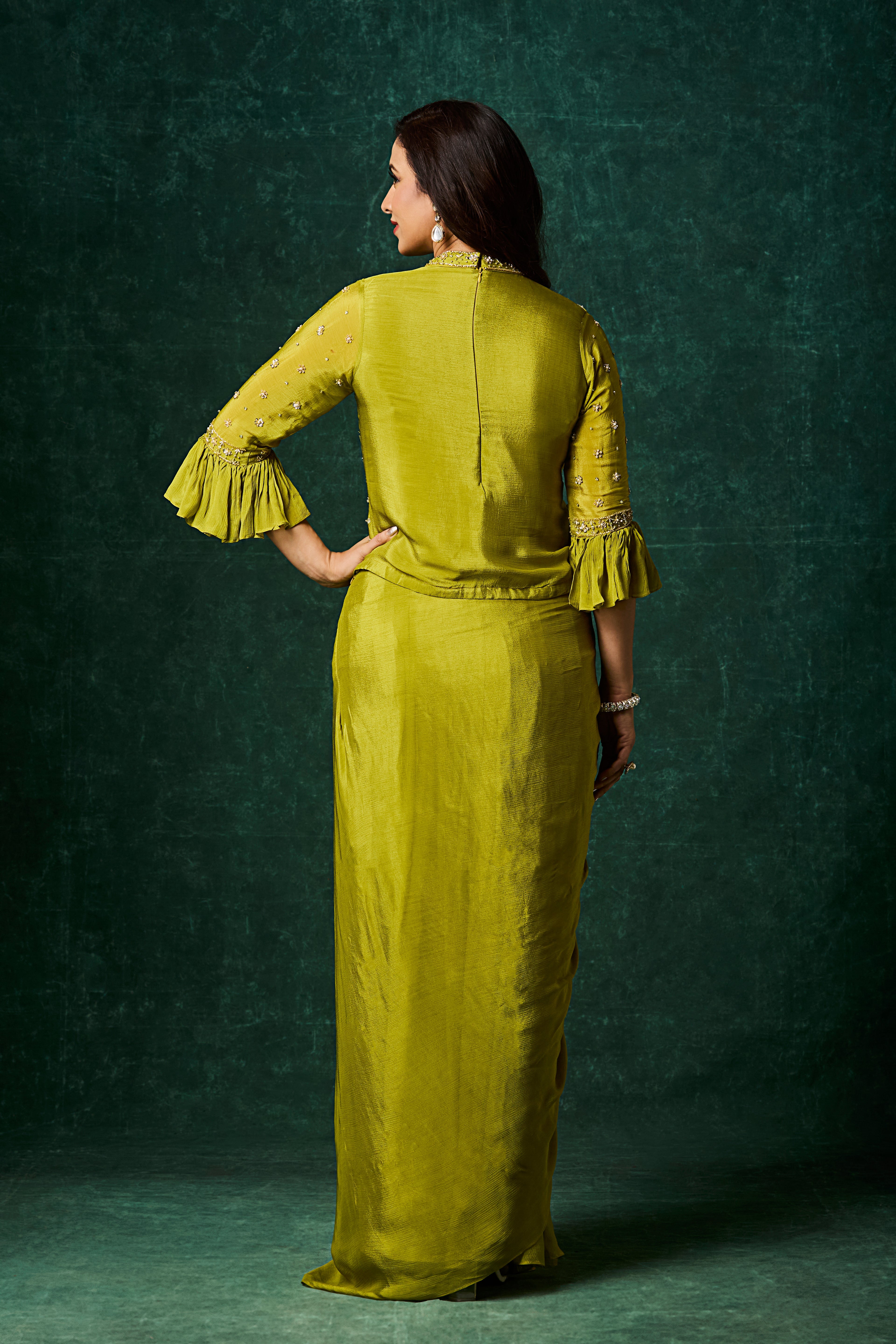 Zesty Lime Embellished Chinon Silk Skirt Set