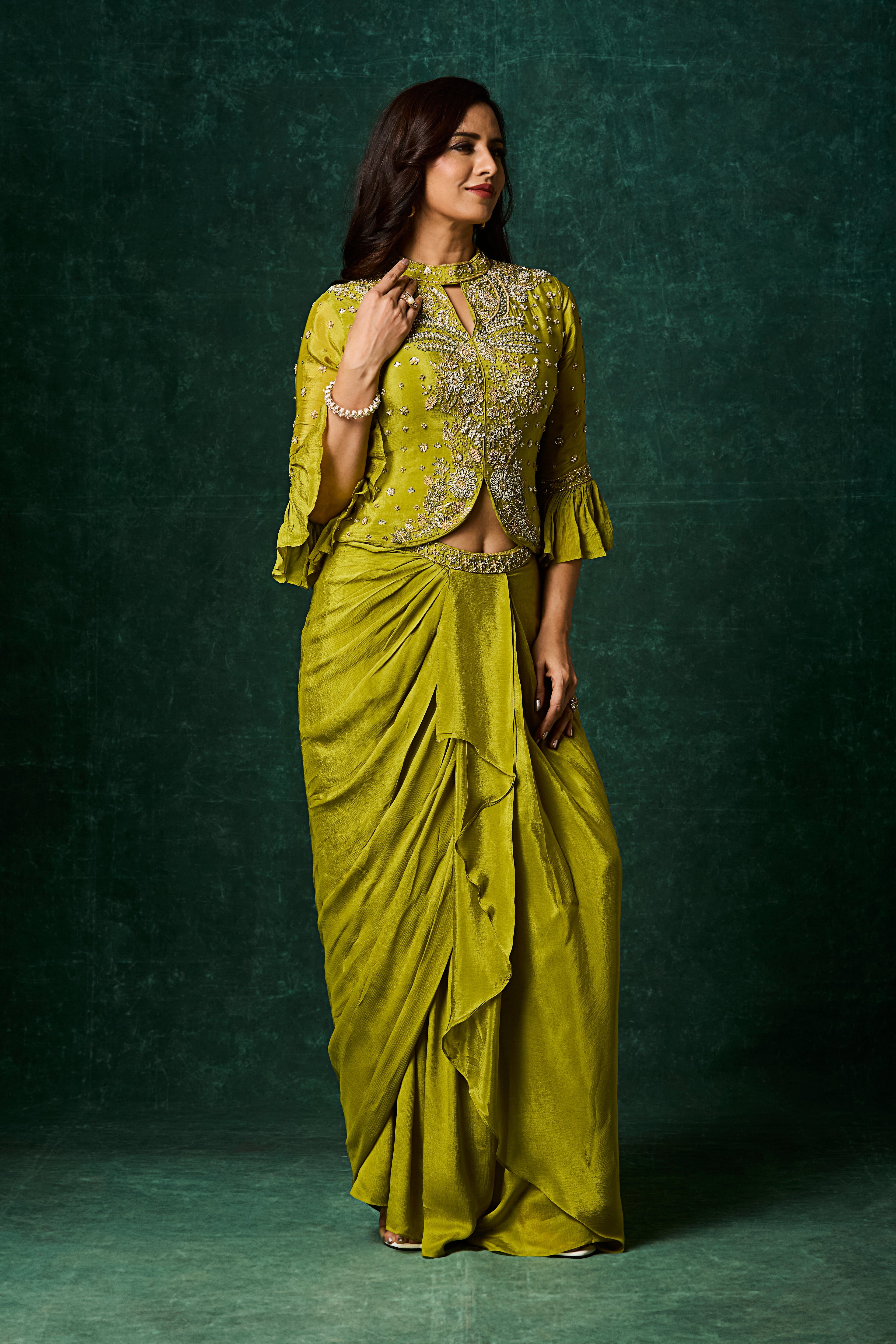 Zesty Lime Embellished Chinon Silk Skirt Set
