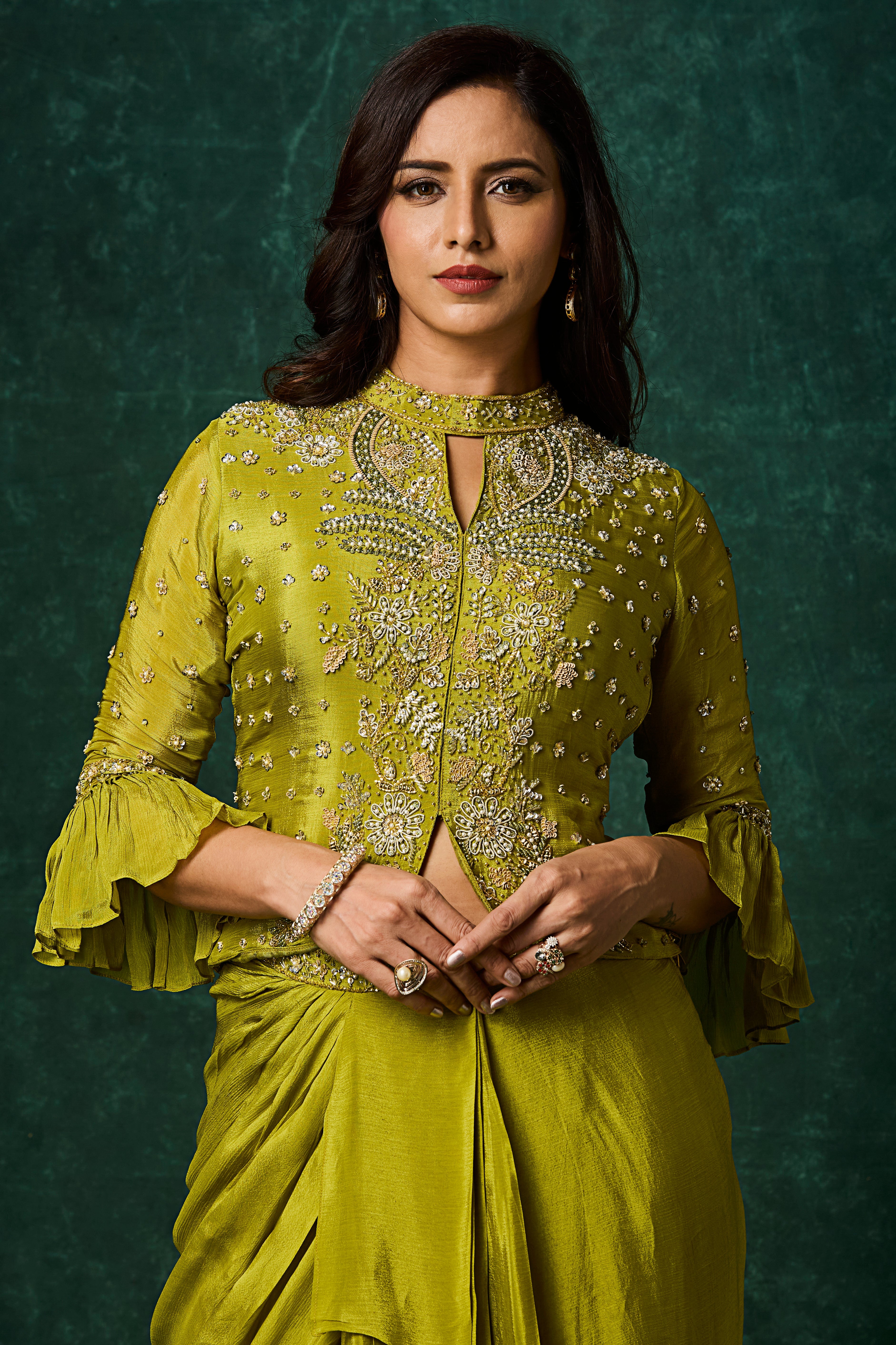 Zesty Lime Embellished Chinon Silk Skirt Set