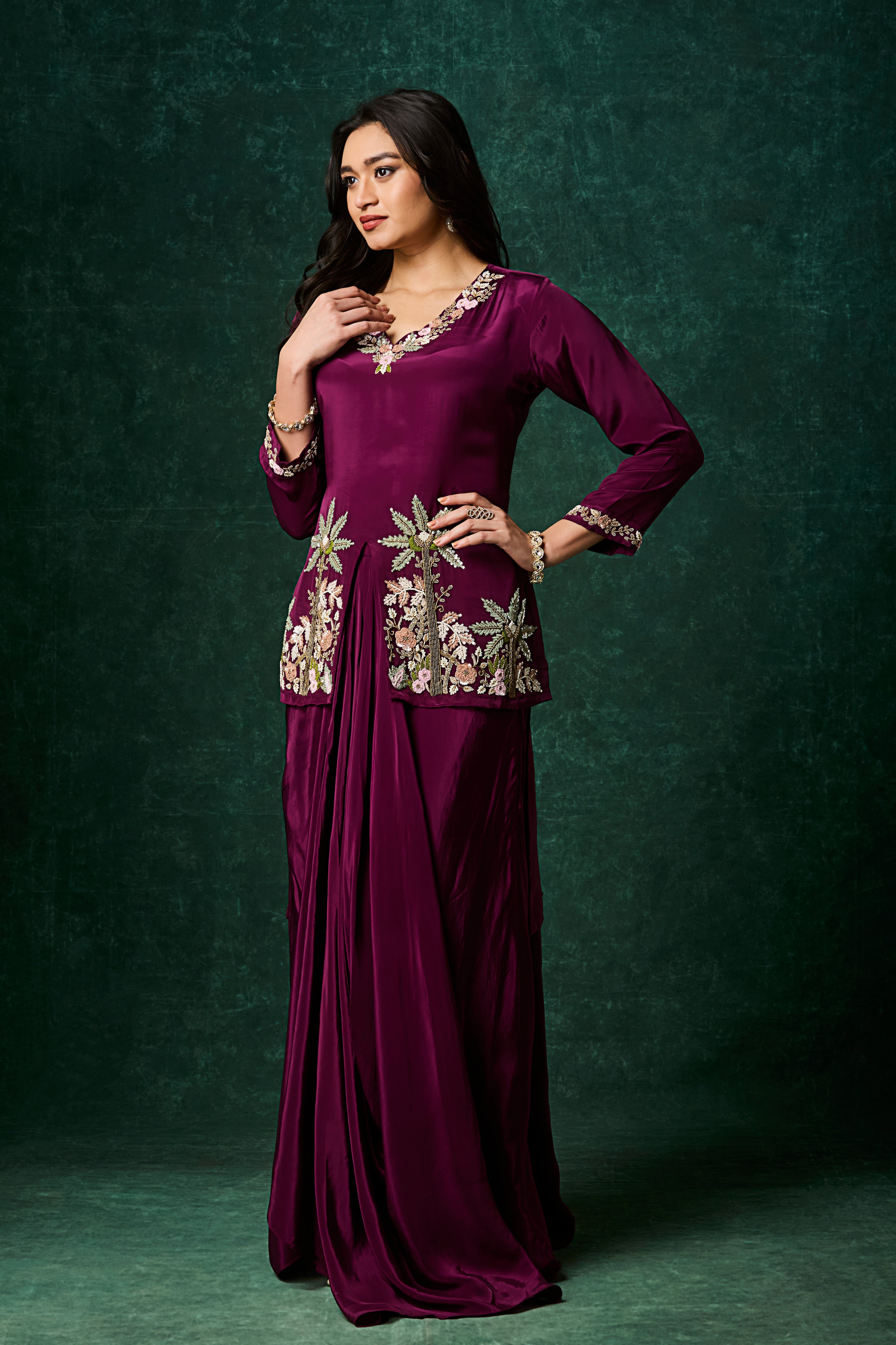 Wine Purple Embellished Crepe Silk Skirt Set
