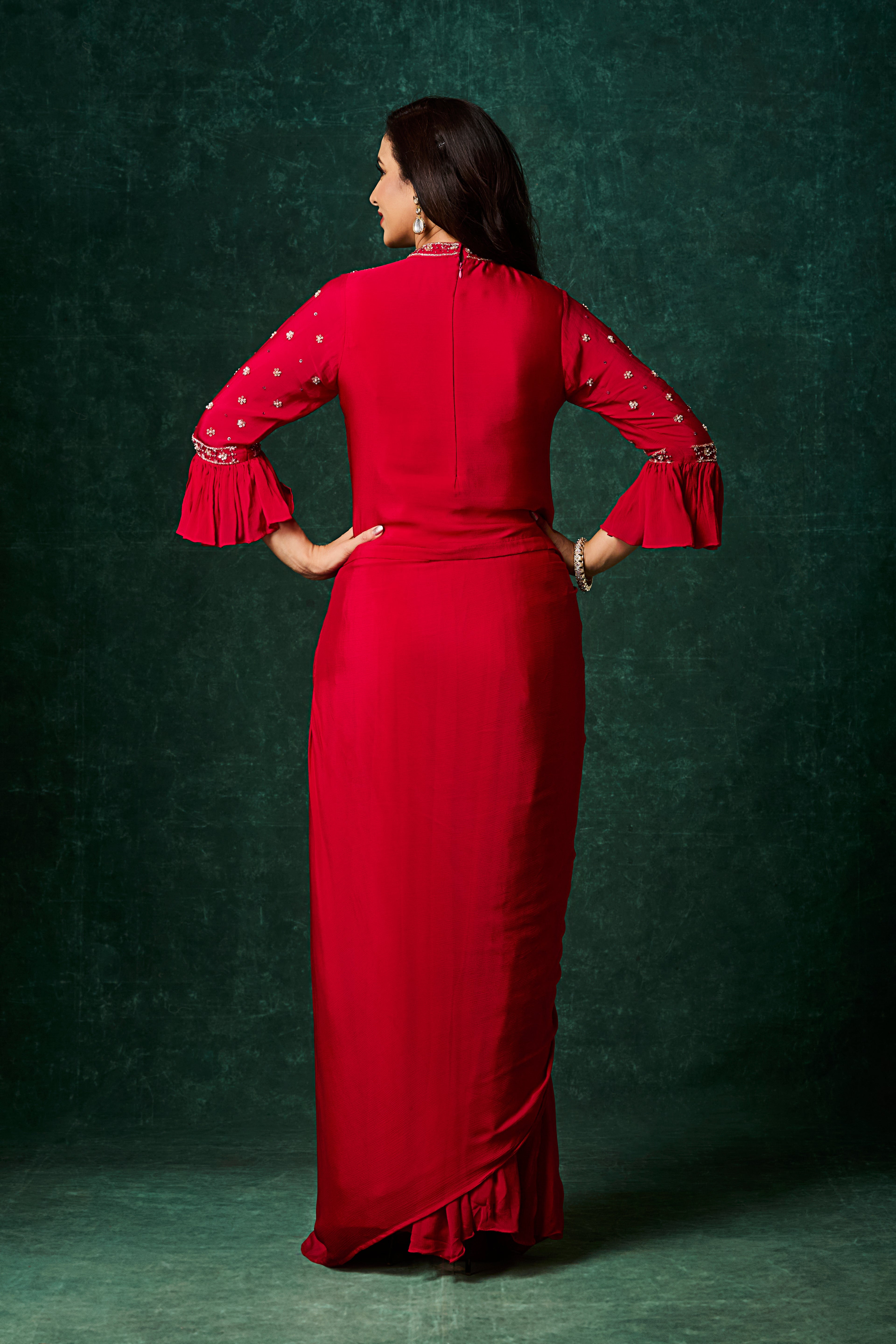 Rich Red Embellished Chinon Silk Skirt Set