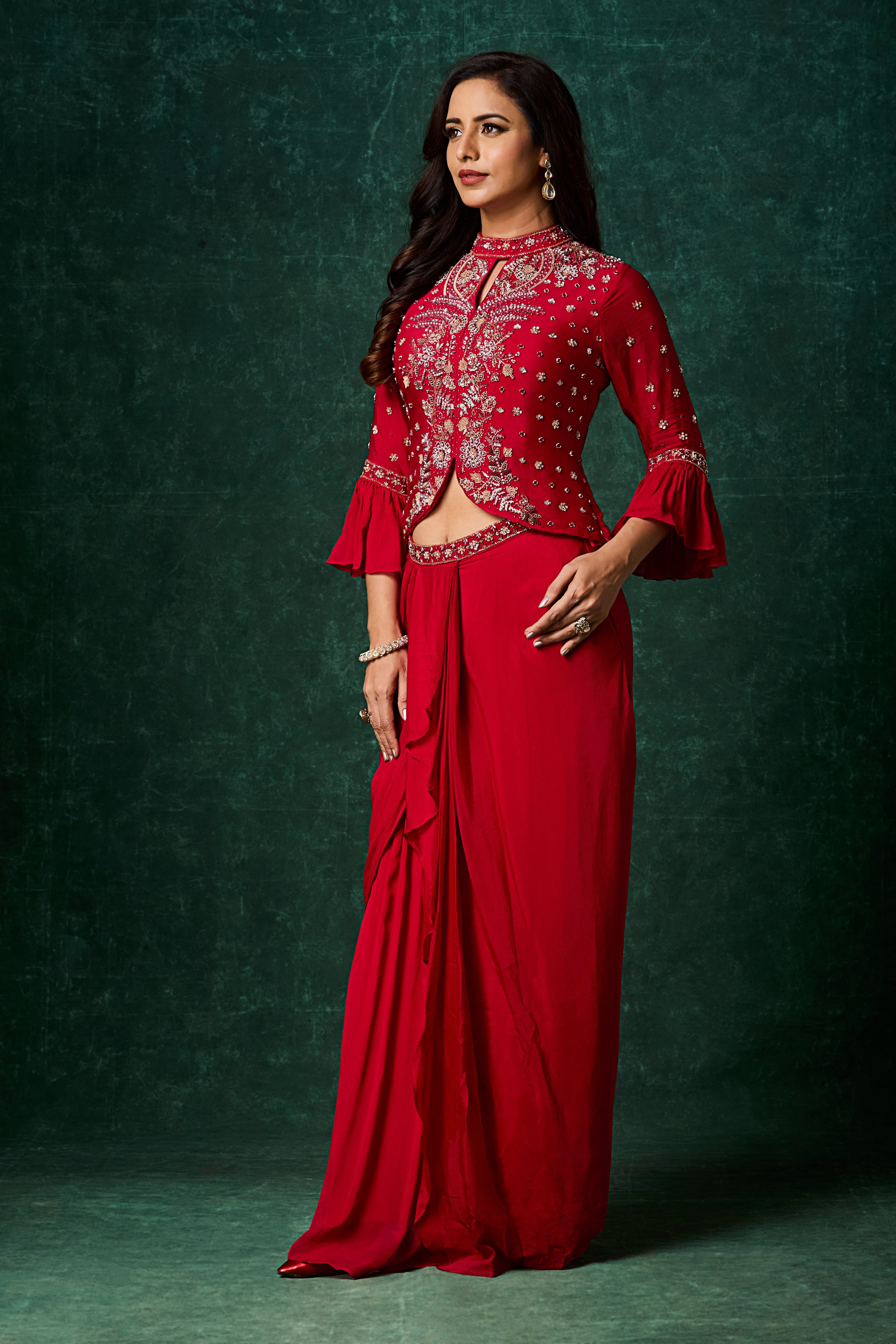 Rich Red Embellished Chinon Silk Skirt Set