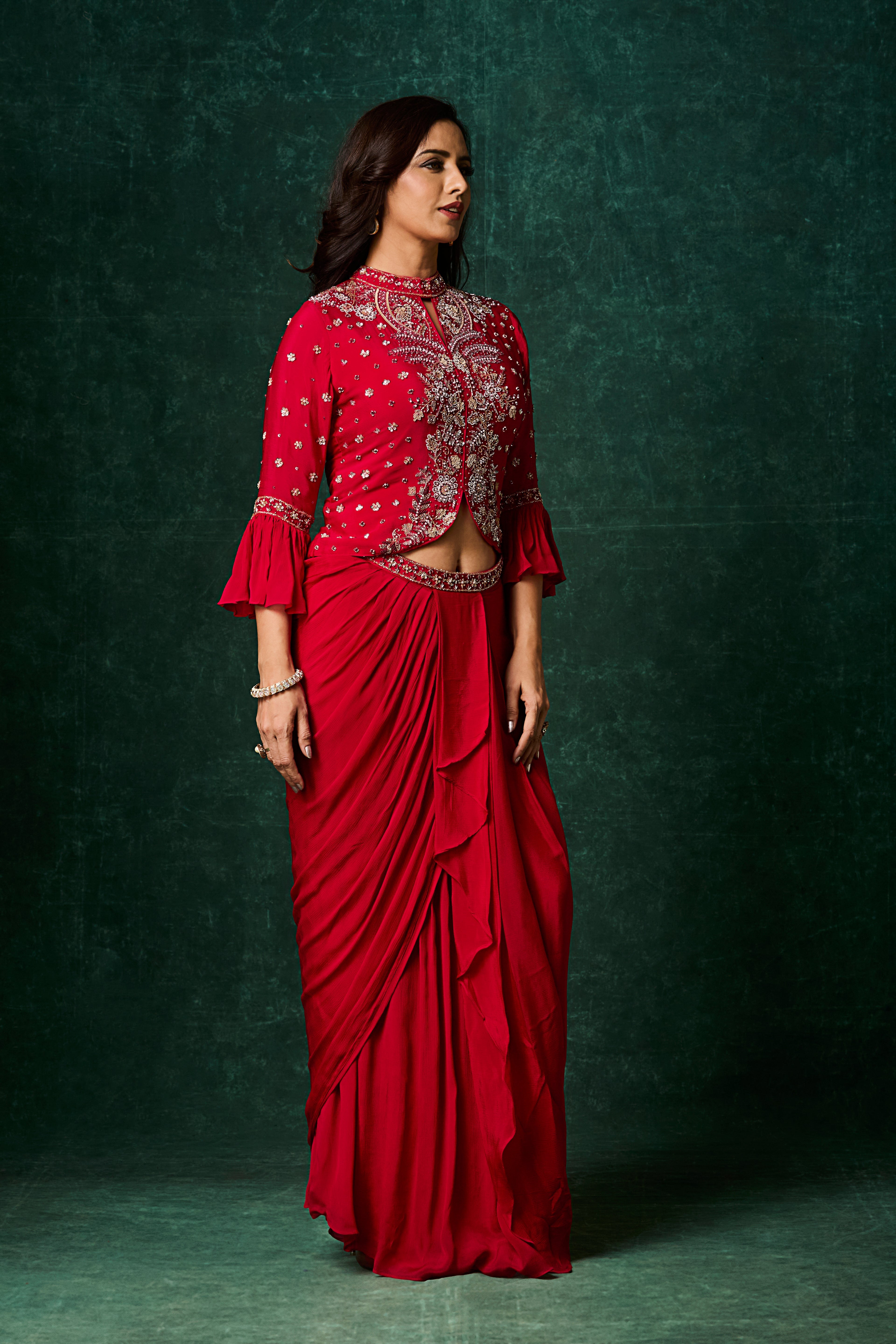 Rich Red Embellished Chinon Silk Skirt Set