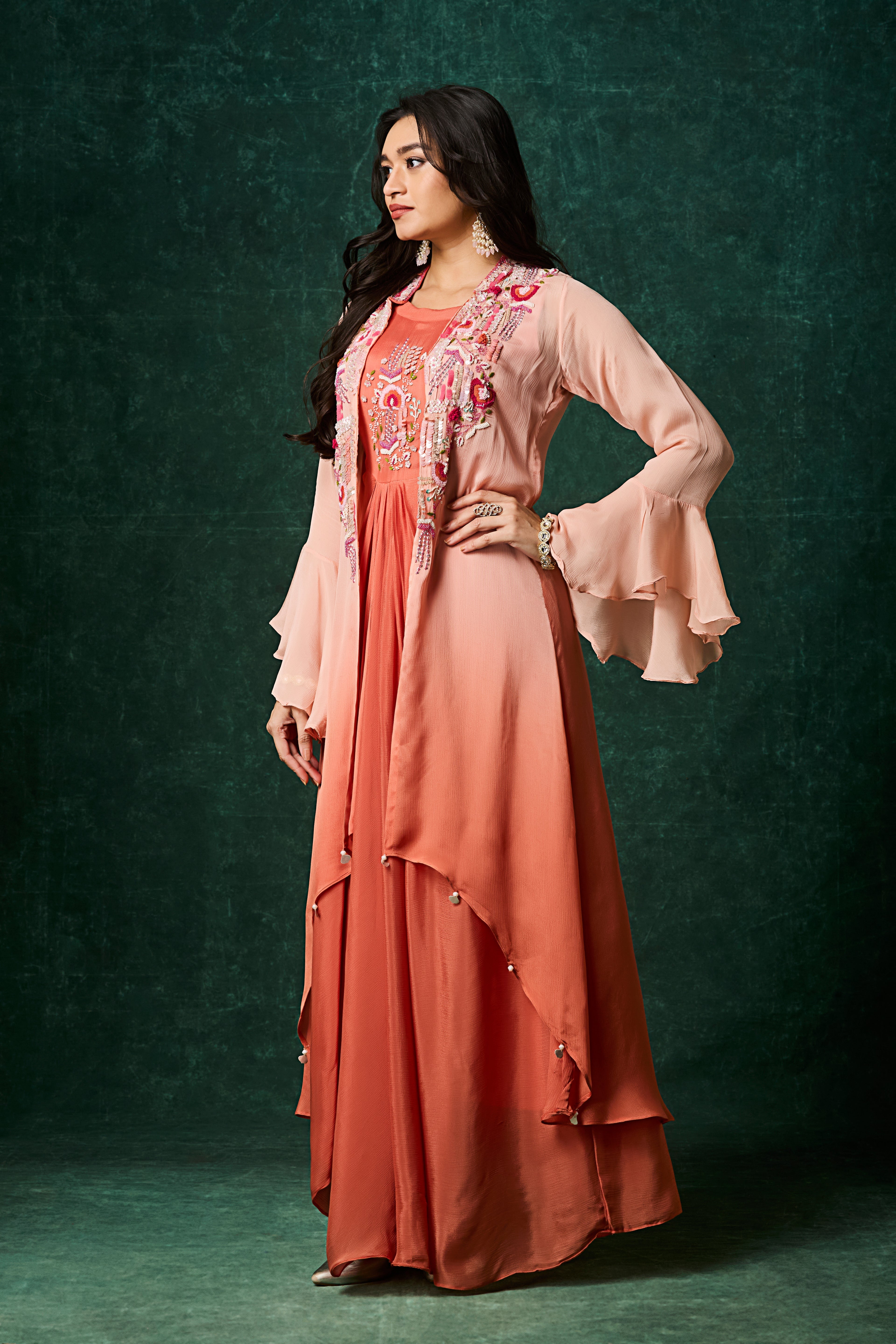 Dusty Orange Ombre Embellished Chinon Silk Gown